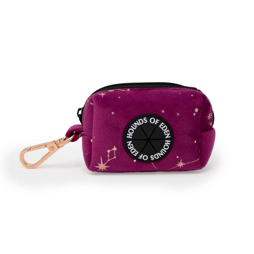 Purple pouch with star pattern and 'Hounds of Eden' logo on a white background