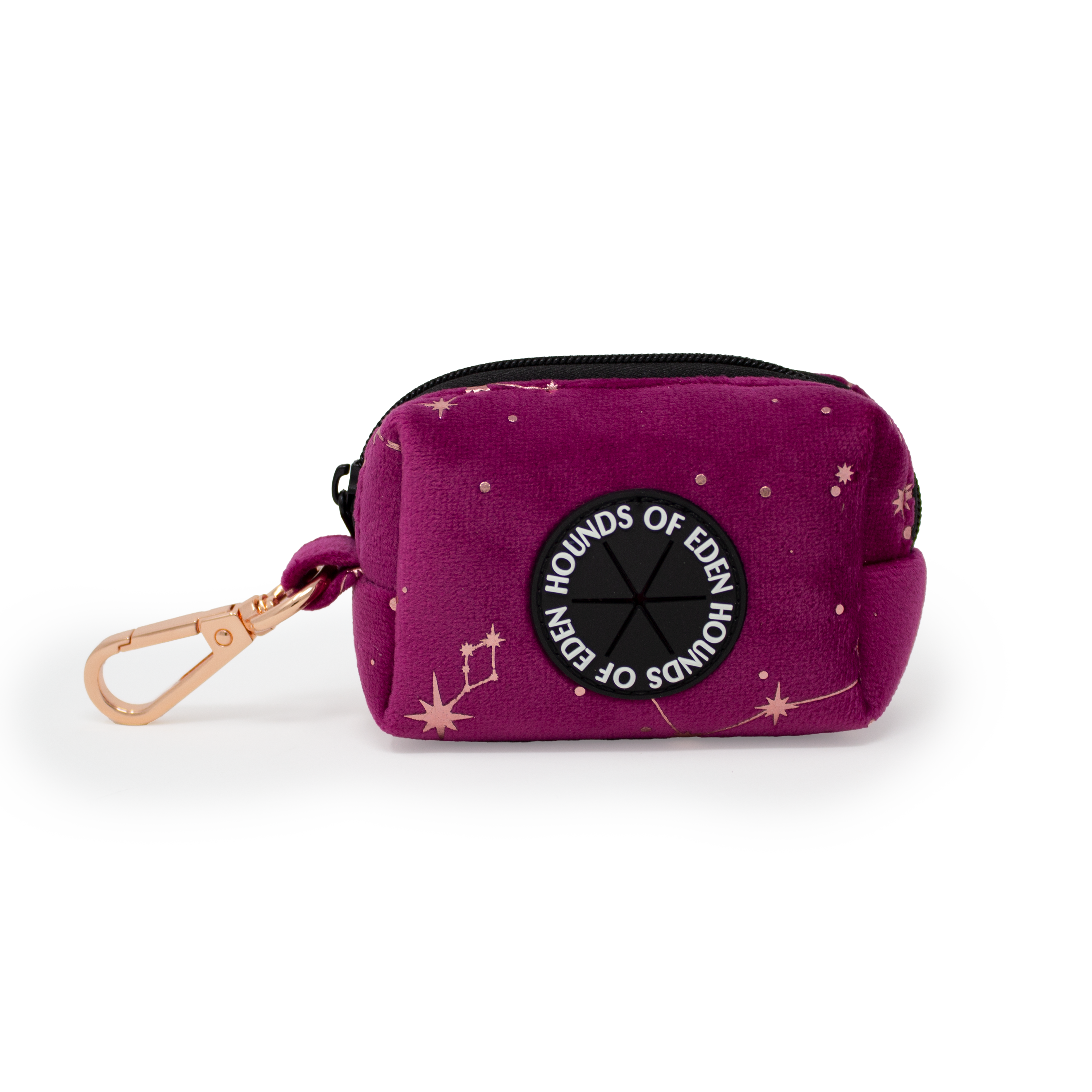 Purple pouch with star pattern and 'Hounds of Eden' logo on a white background