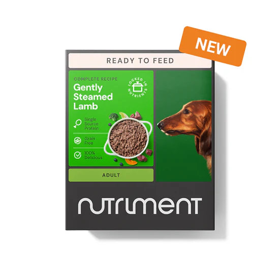 Dog food package with 'Nutriment' branding and a 'New' label on a white background