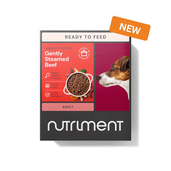 Dog food package with Nutriment branding on a white background