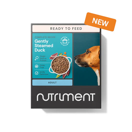 Dog food package by Nutriment with a 'New' label on a white background