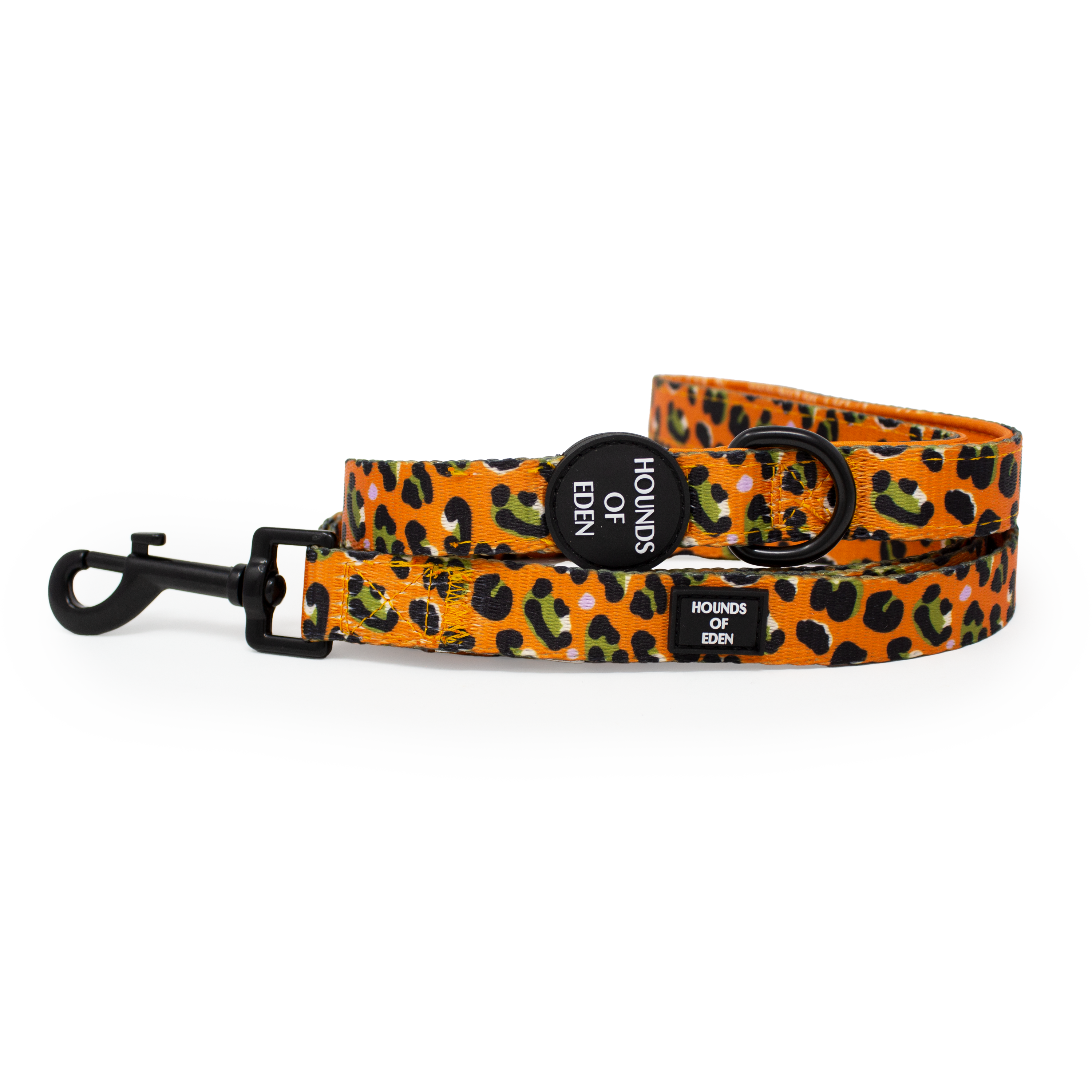 Dog leash with leopard print pattern on a white background