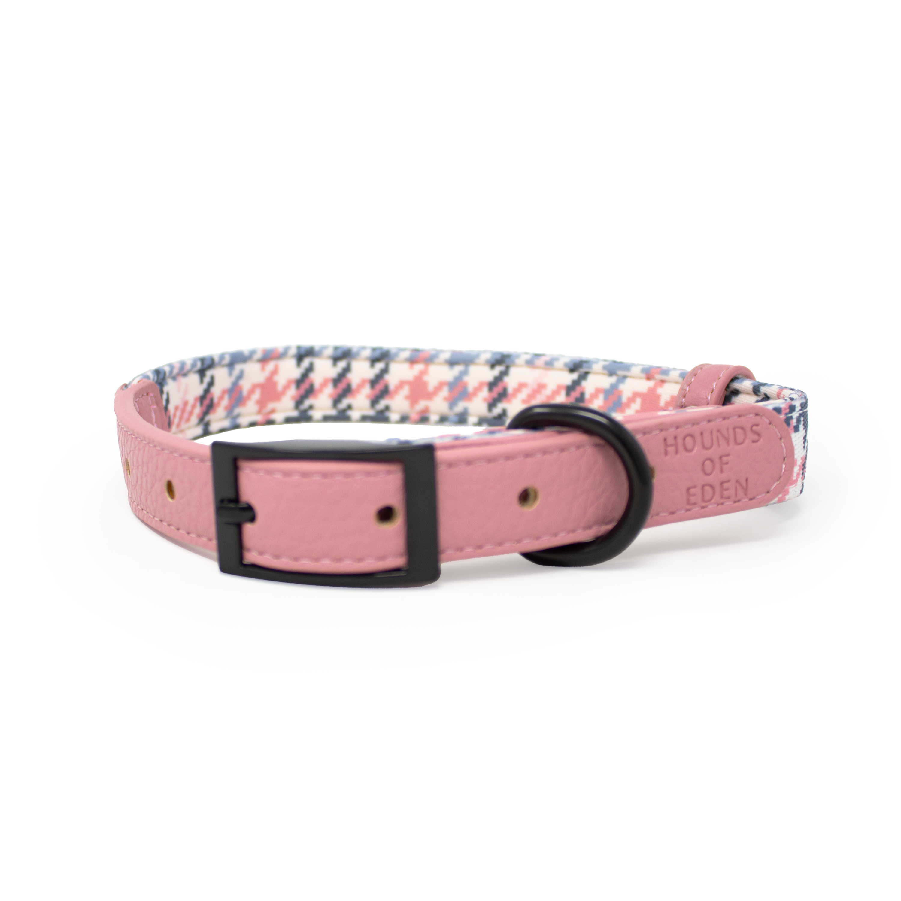 Pink Houndstooth Leather Dog Collar