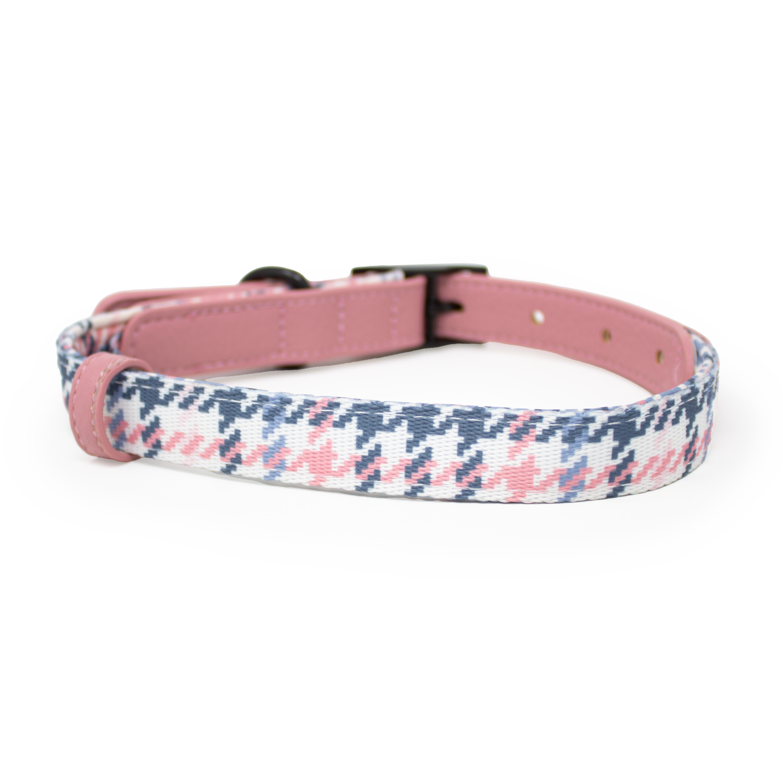 Pink Houndstooth Leather Dog Collar