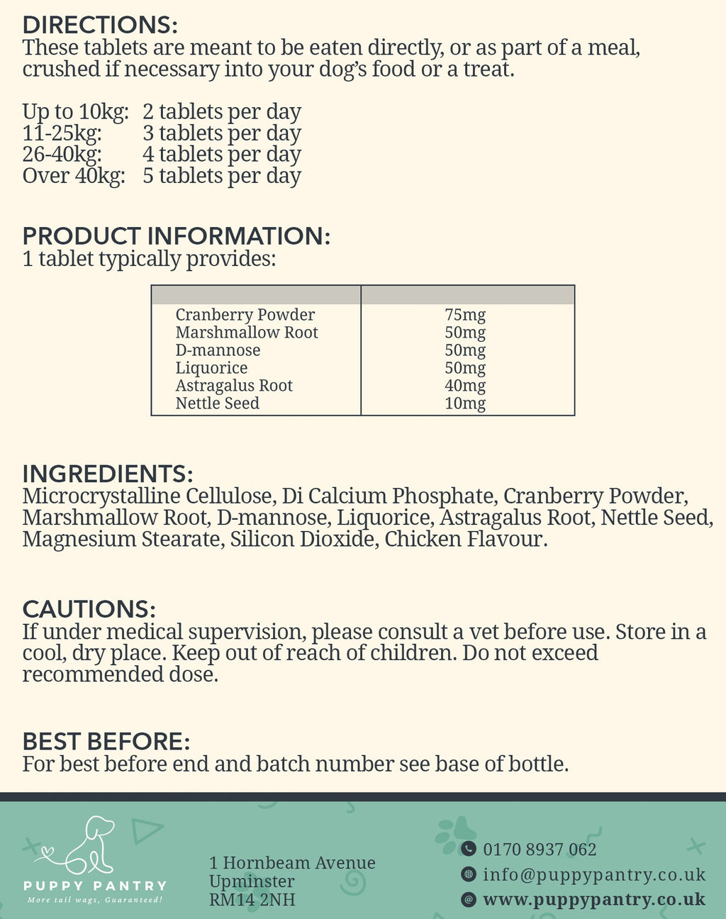 Bladder Support Tablets for Dogs (120 Pack) With cranberry & D-mannose