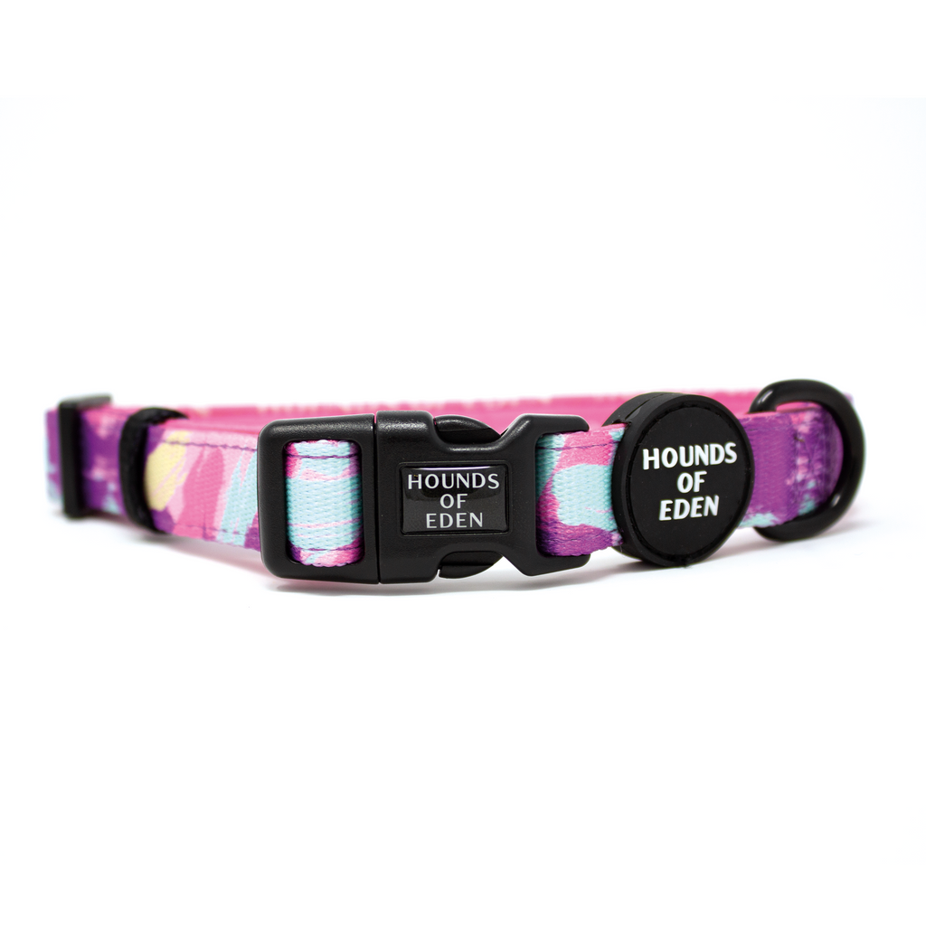 Blush it Off tie-dye dog collar in pink, purple, pastel mint by Hounds of Eden