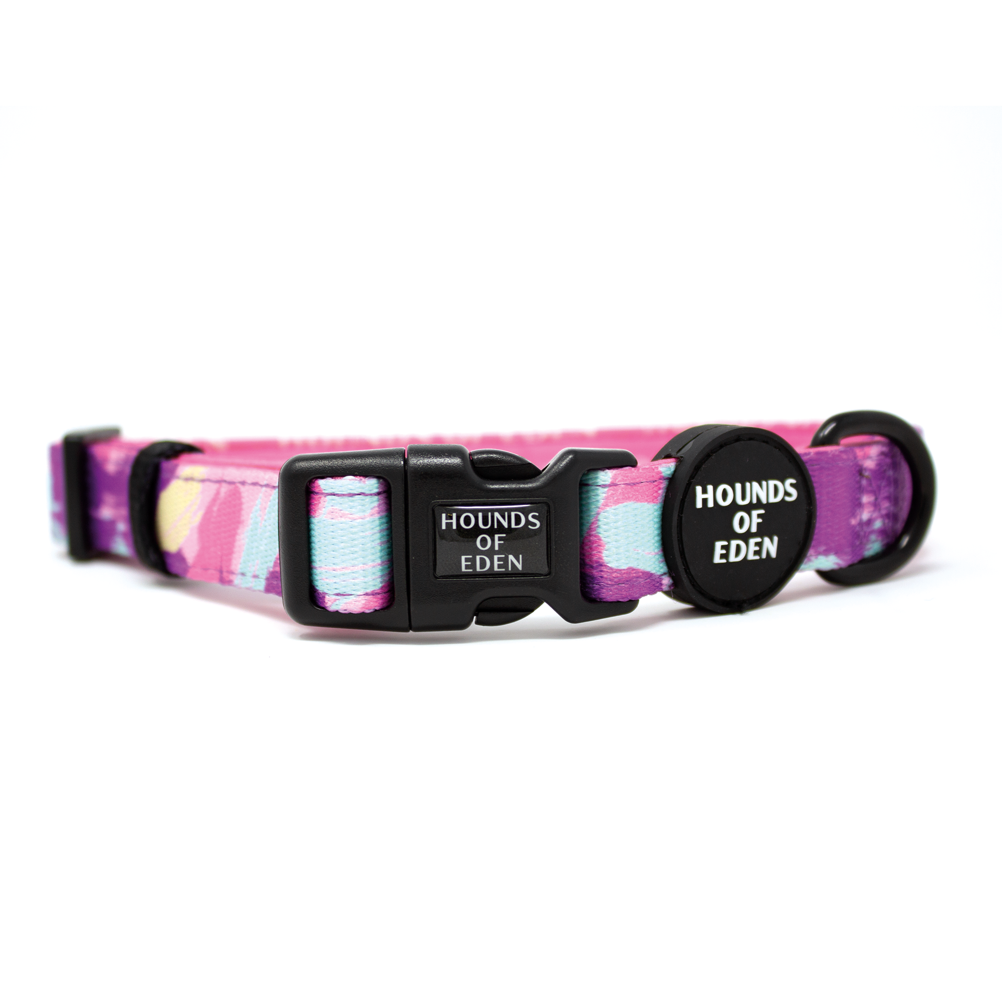 Blush it Off tie-dye dog collar in pink, purple, pastel mint by Hounds of Eden