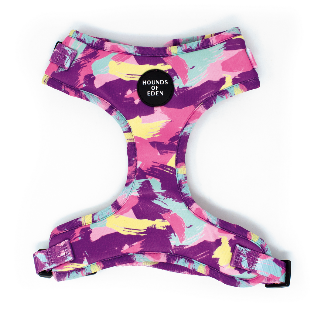 Blush it Off dog harness in pink purple pastel mint lemon camo pattern