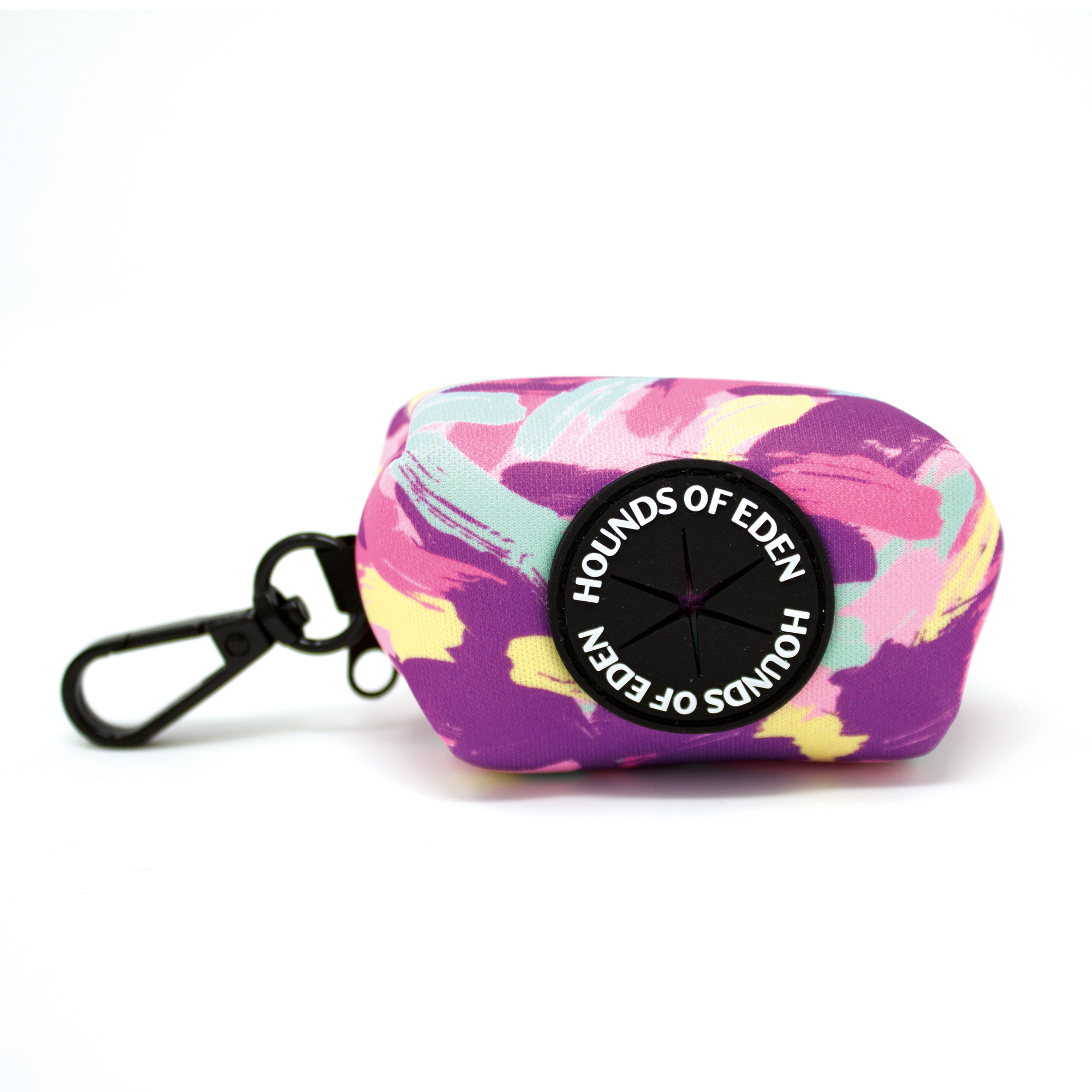 Vibrant Blush it Off dog waste bag dispenser in pink, purple, pastel mint, and lemon camo with Hounds of Eden logo