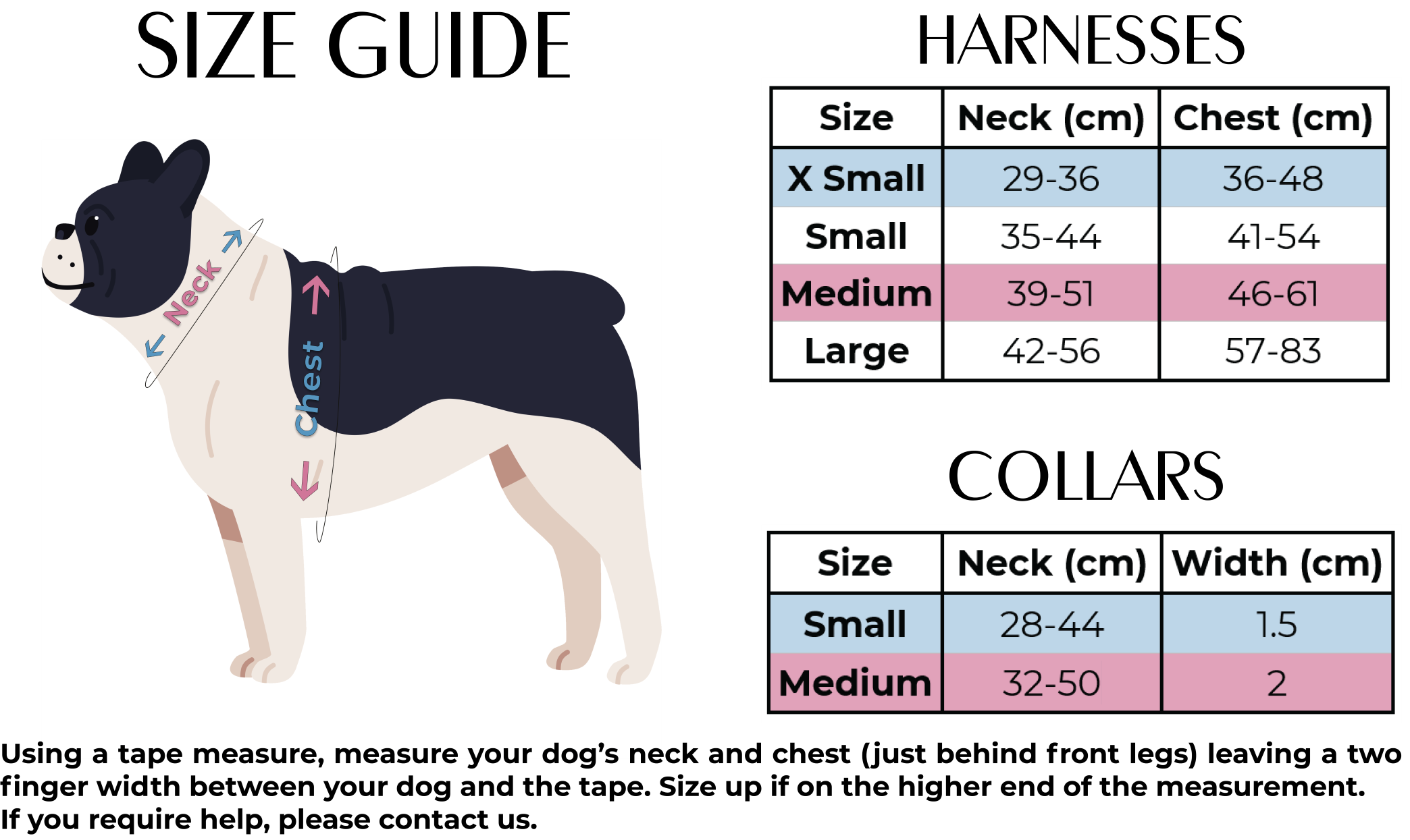 Sammi red and grey check dog harness with black and white collar size measurements