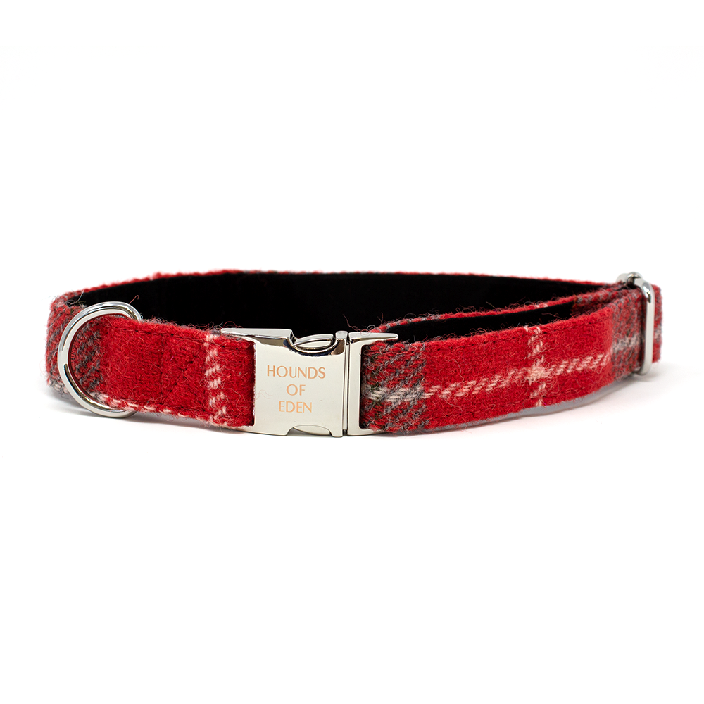 Red plaid wool dog collar with silver buckle and D-ring from Sammi harness