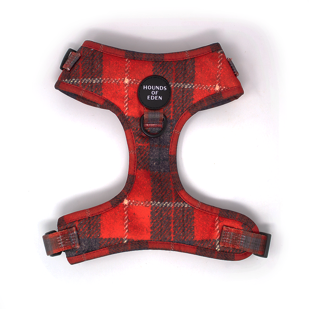 Sammi red and grey check dog harness with Hounds of Eden logo