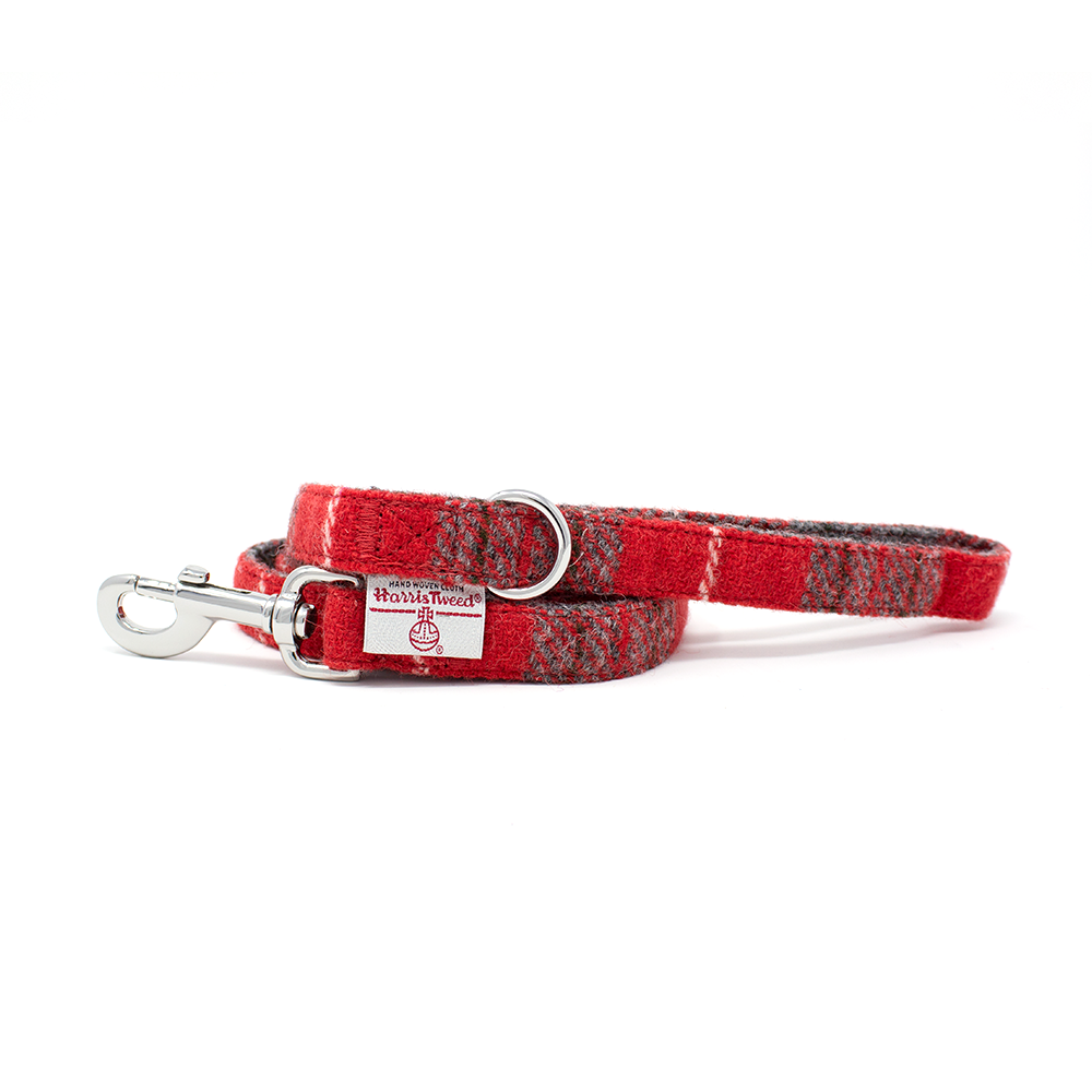 Red and gray plaid Harris Tweed Sammi dog leash with silver hardware