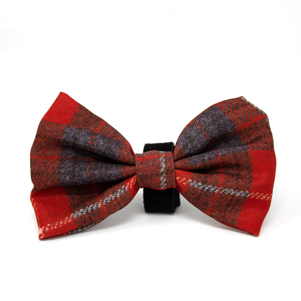 Red and gray plaid bow tie with black elastic band for Sammi dog harness