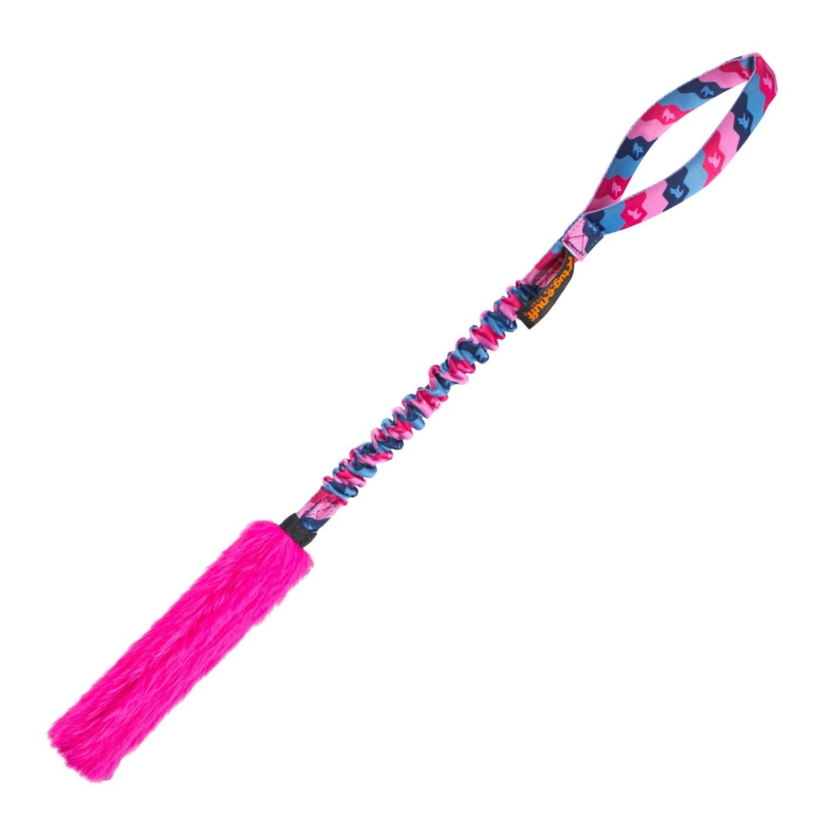 The Bright Fauxtastic Tug is a colorful, interactive dog toy featuring a handle loop, stretchy blue and pink fabric band, and bright pink fuzzy tail—ideal for recall training and playful tug games with your pup.