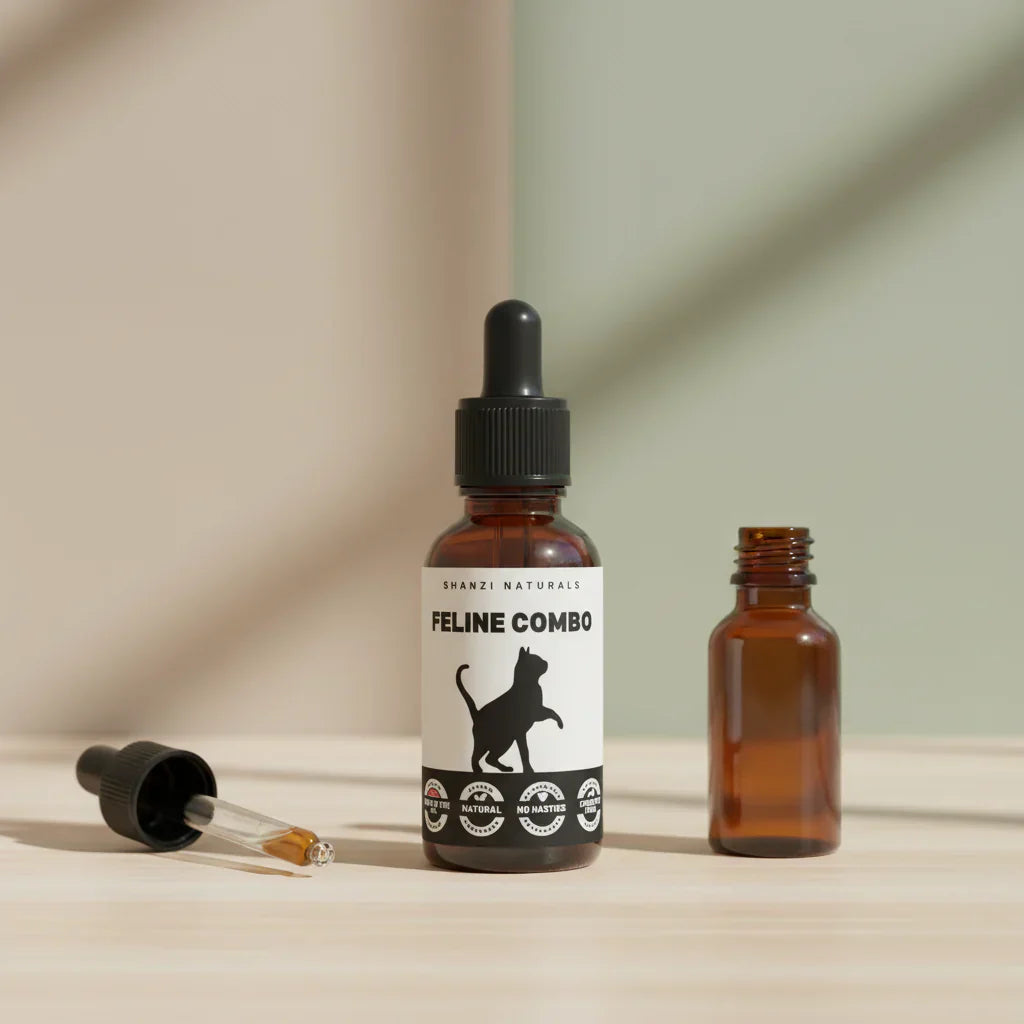Bottle of 'Feline Combo' with dropper on a neutral background