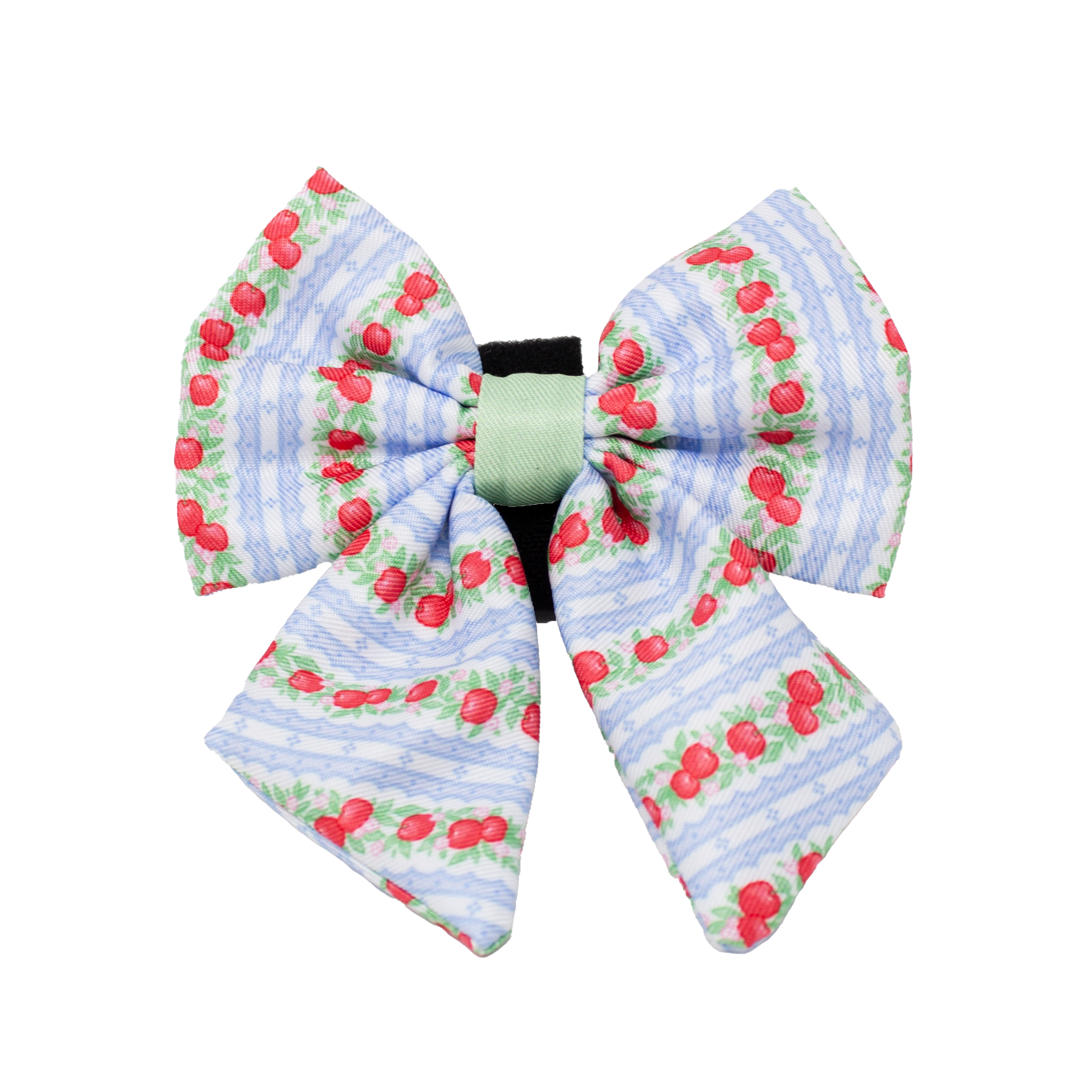 Large decorative bow with cherry pattern on a white background