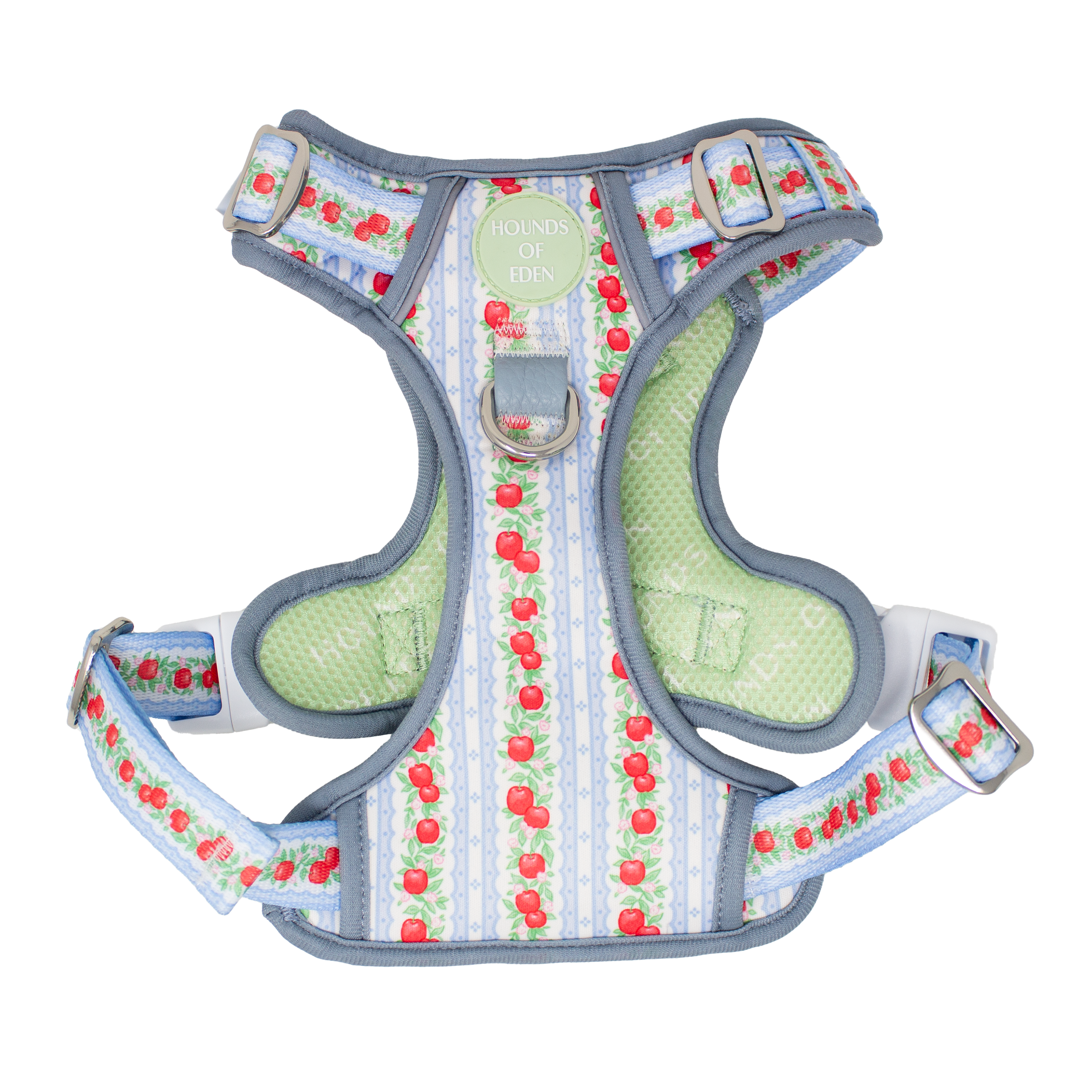 Dog harness with cherry pattern on a white background