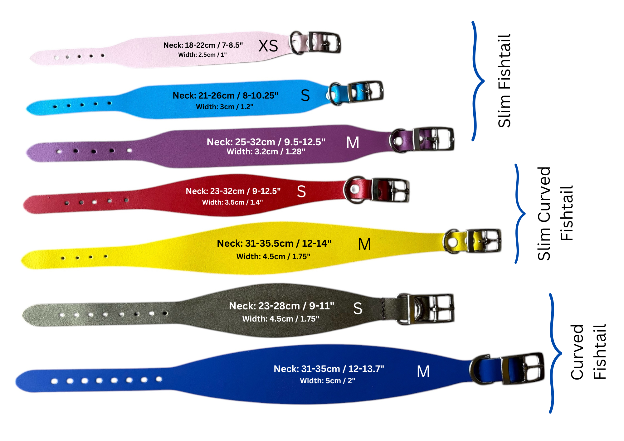 Colorful dog collars with size chart on a white background