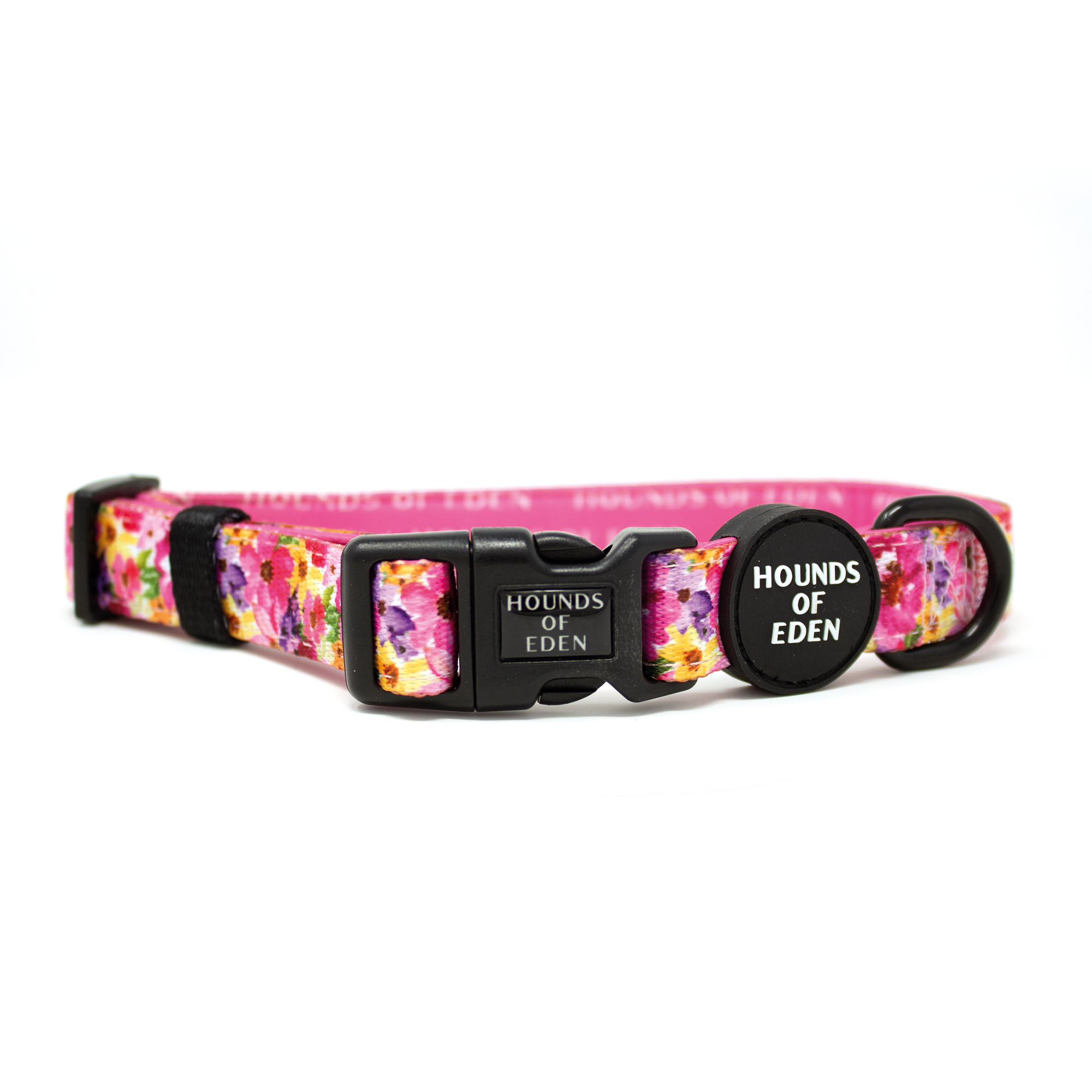 Pink Florentina floral dog collar with Hounds of Eden branding