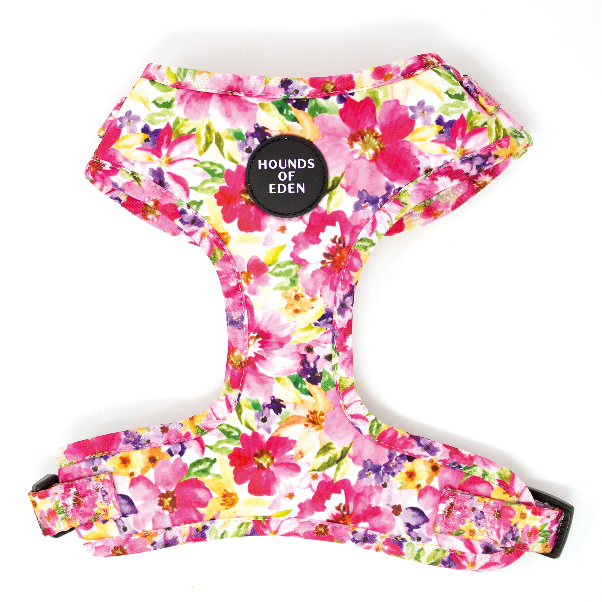 Florentina floral dog harness in pink, purple, yellow with Hounds of Eden logo