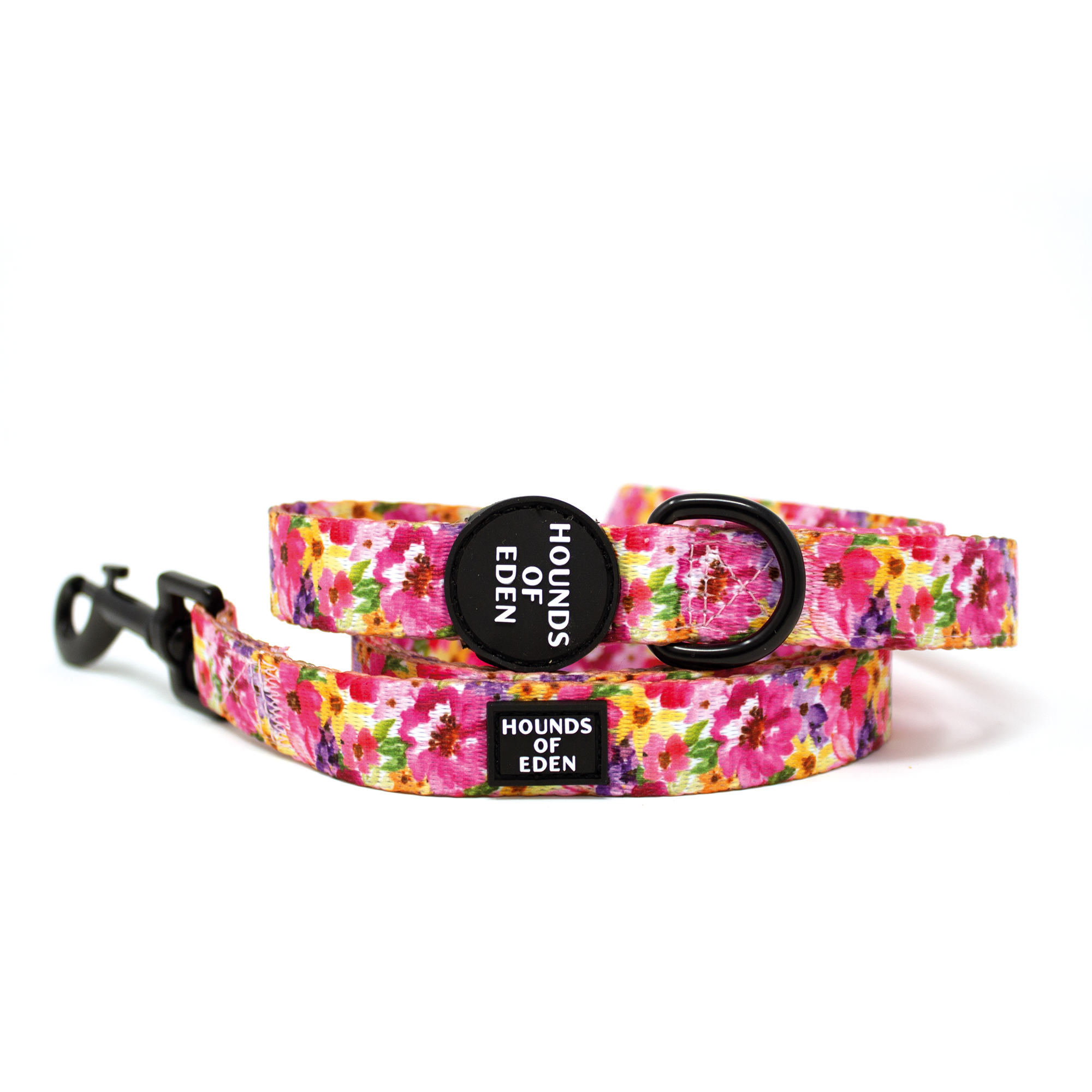 Florentina floral dog collar with vibrant pink yellow pattern and Hounds of Eden tag