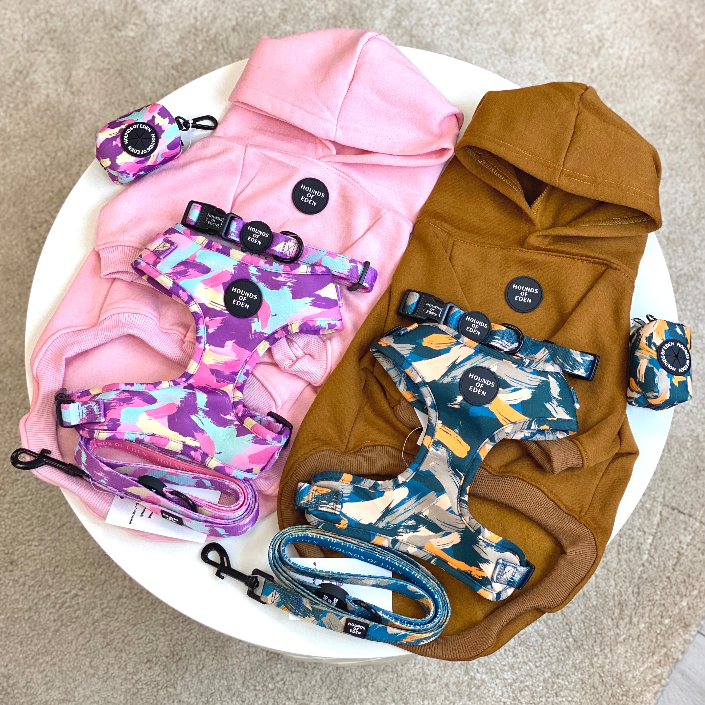 Blush it Off pink purple pastel mint lemon camo dog harness set with matching leash, poop bag dispenser, and mustard hoodie