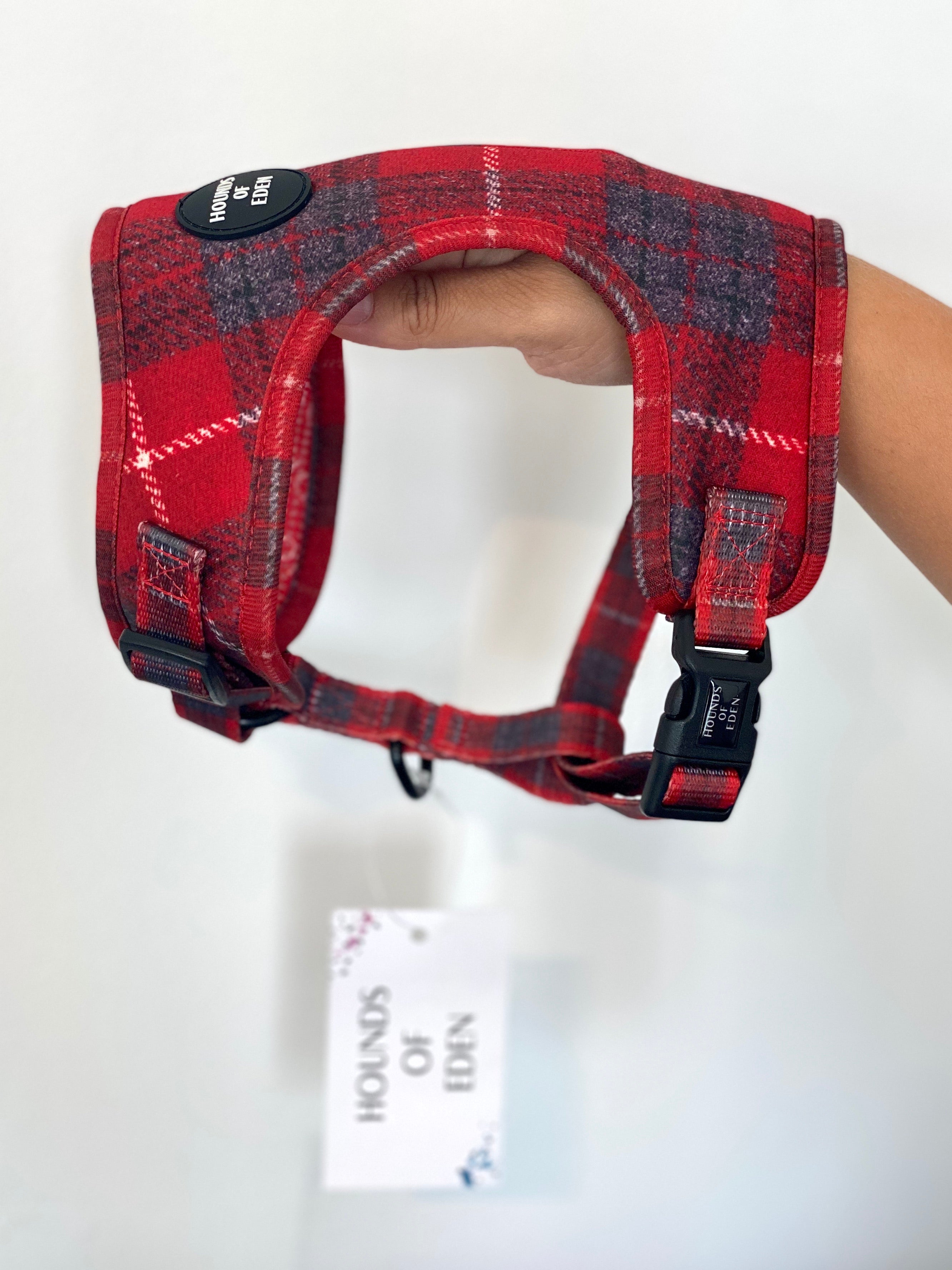 Sammi red and grey check dog harness with adjustable straps