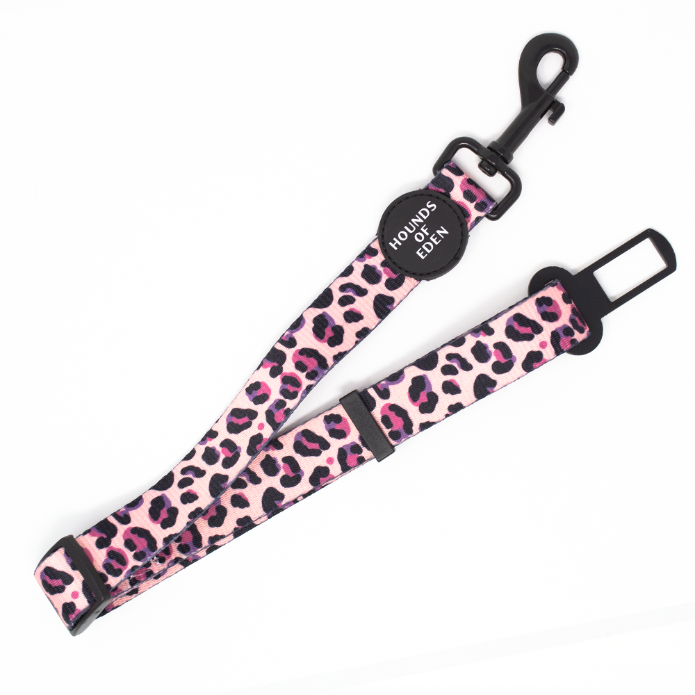 Pink leopard print dog leash with black hardware on a white background