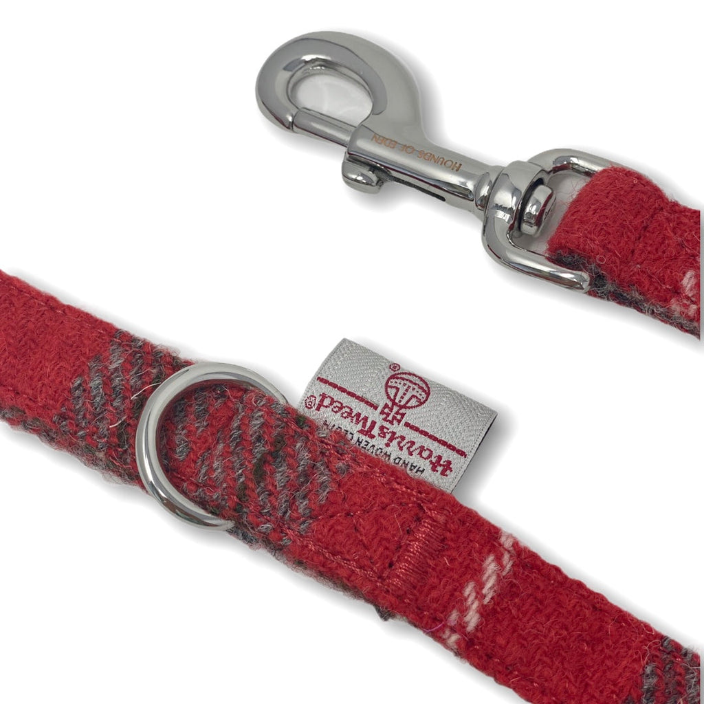 Sammi red and grey plaid wool dog leash with silver hardware