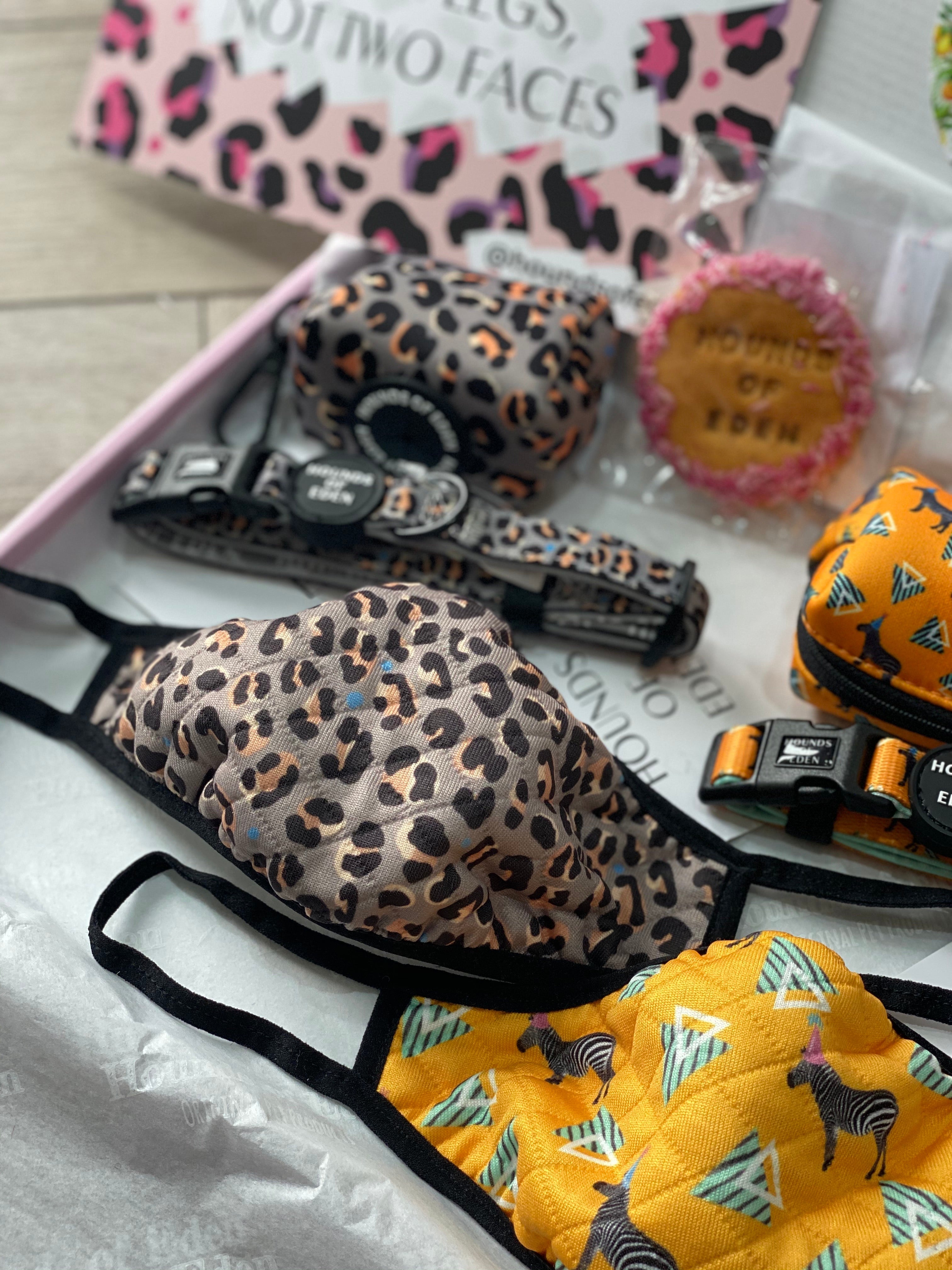 Quilted leopard-print face mask with black elastic loops, Steel Leopard style