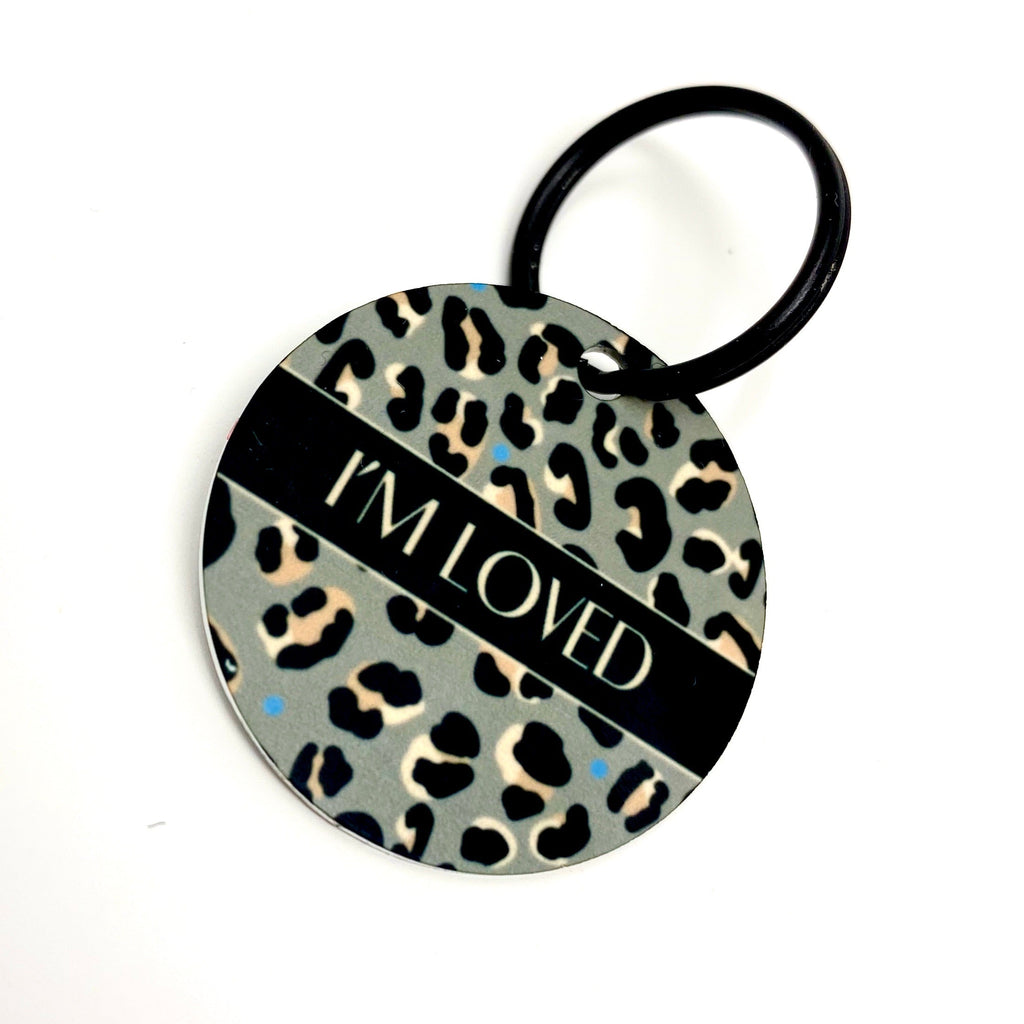 Steel Leopard khaki/grey dog collar with gray leopard print keychain saying Im loved