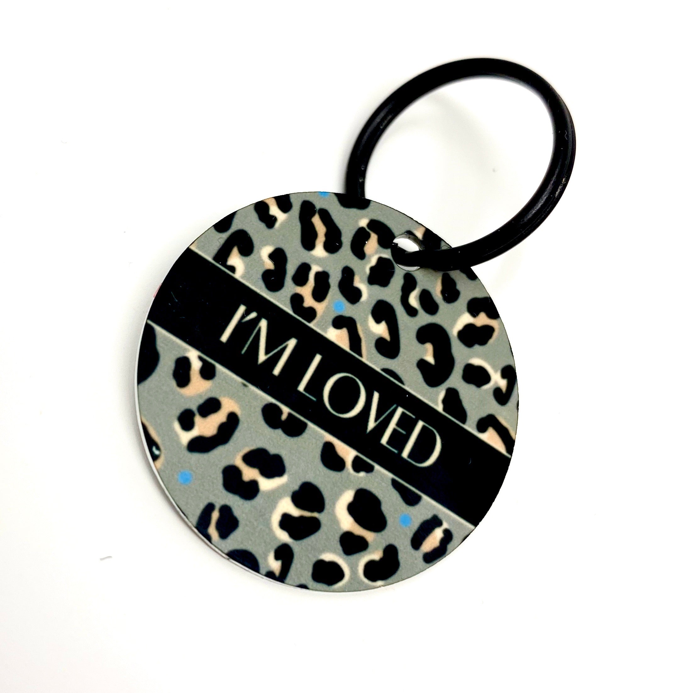 Steel Leopard khaki/grey dog collar with gray leopard print keychain saying Im loved