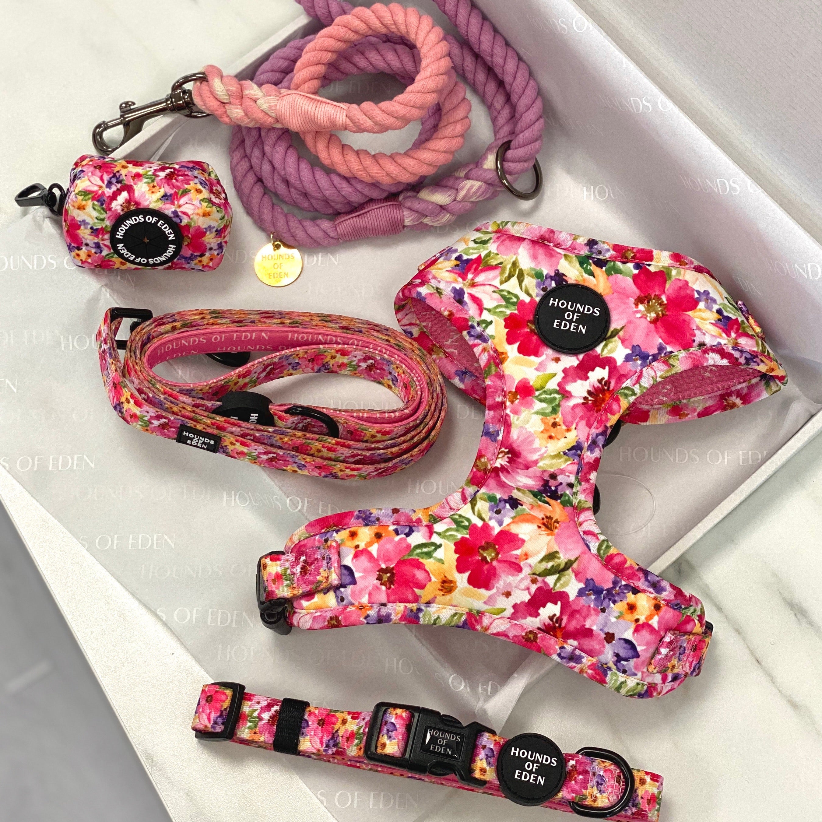 Florentina floral dog harness in vibrant pink, purple, yellow hues