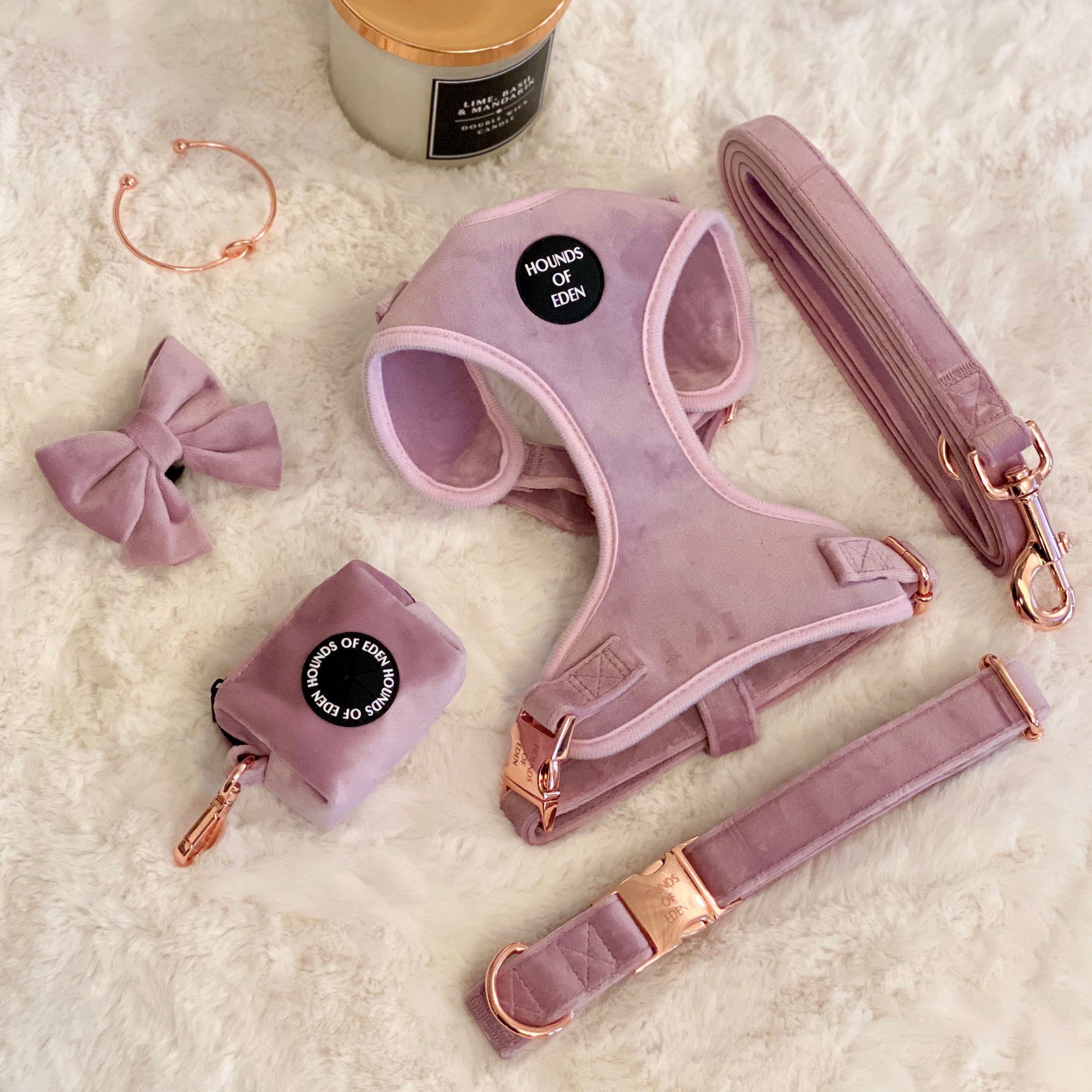 Lilac Dreams - Lilac Velvet Dog Harness with Rose Gold Metal Hardware