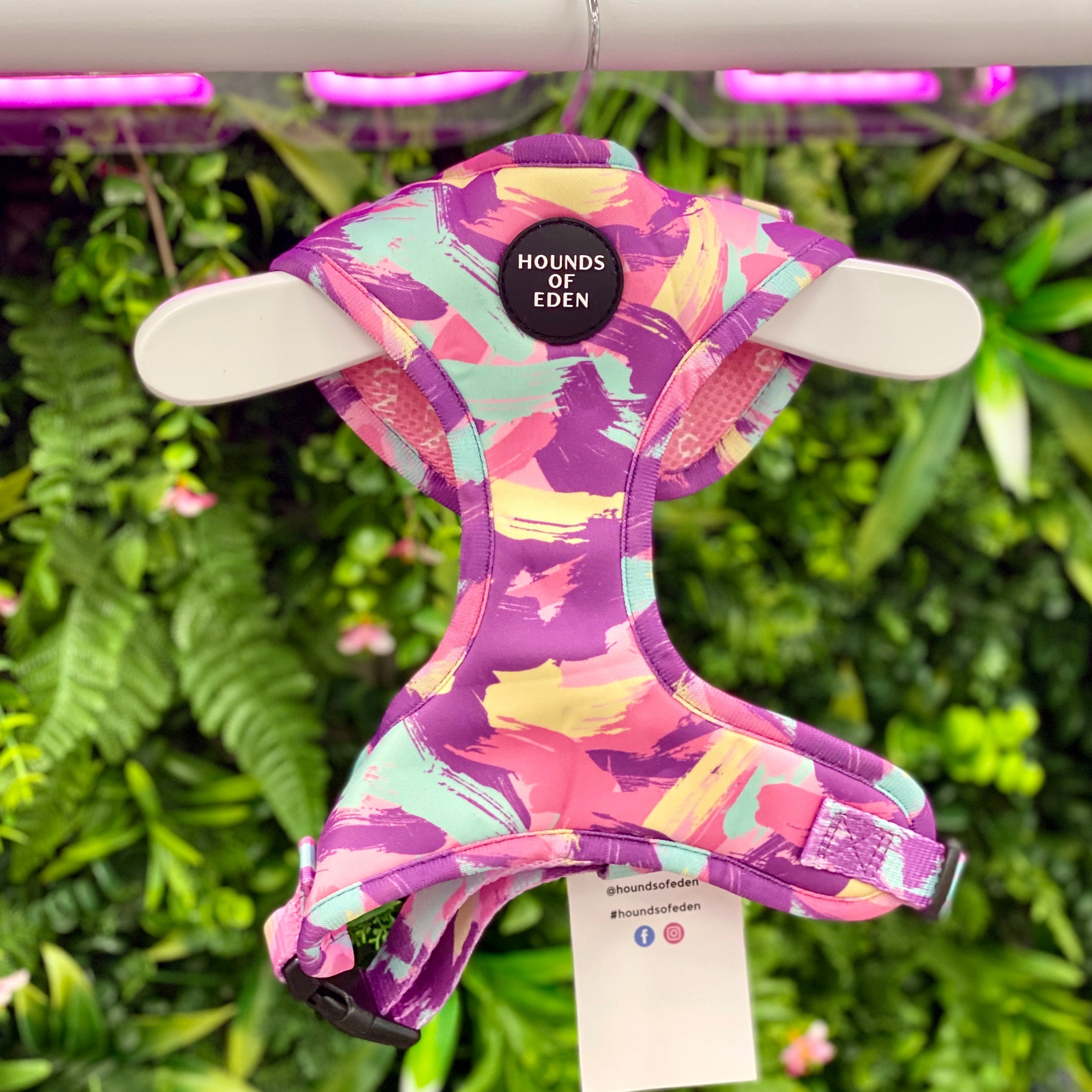 Blush it Off pink purple pastel mint lemon camo dog harness with Hounds of Eden logo