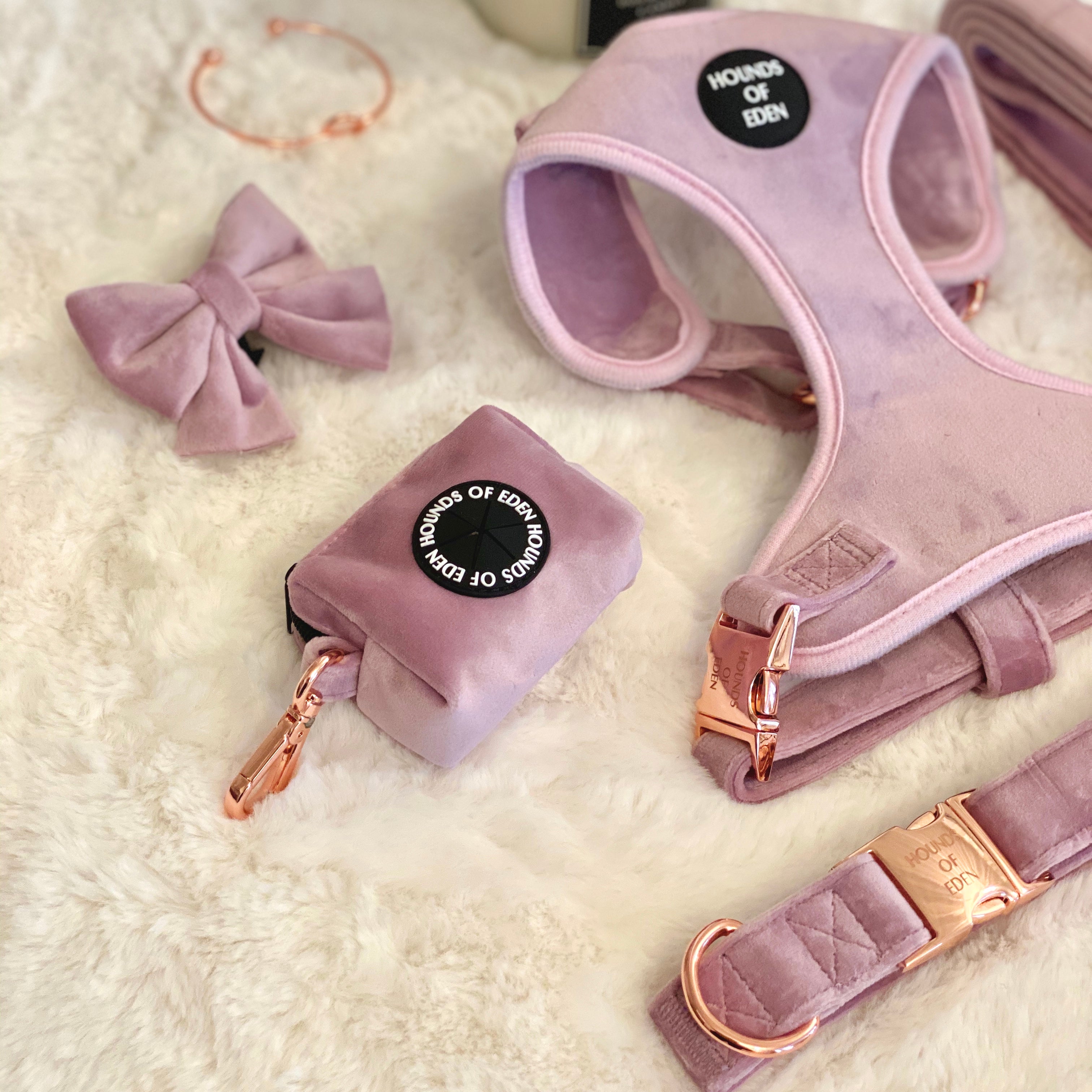 Lilac Dreams - Lilac Velvet Dog Harness with Rose Gold Metal Hardware