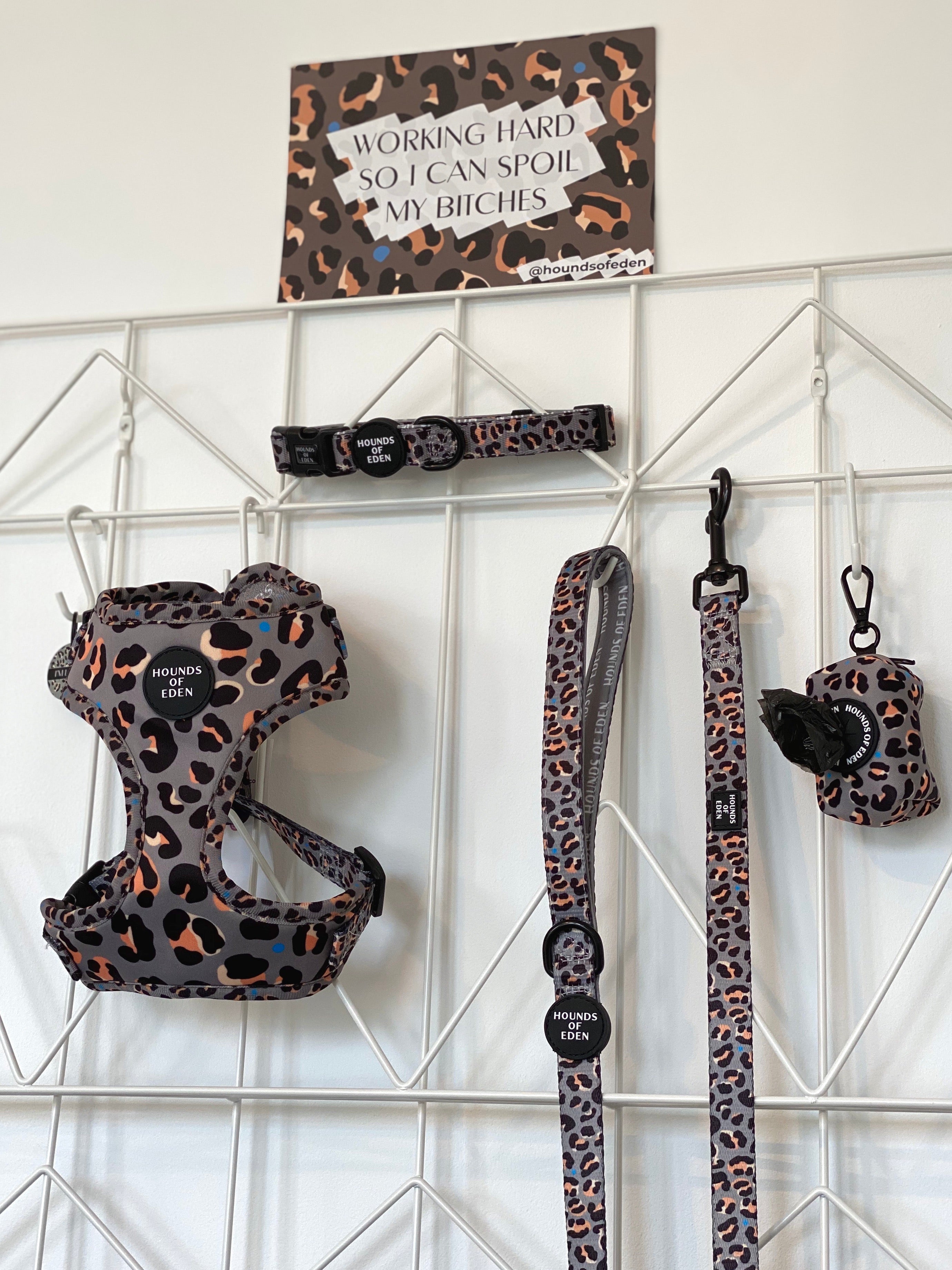 Steel Leopard Khaki Grey dog collar in gray copper leopard print with black hardware, Hounds of Eden brand