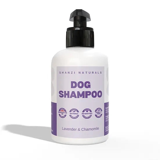 Shanzi Naturals dog shampoo bottle with a pump on a white background