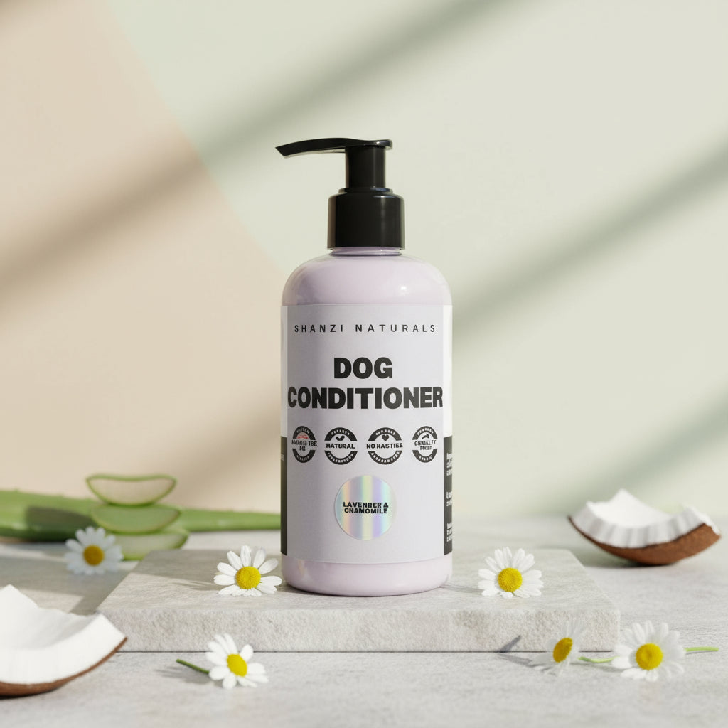 Dog conditioner bottle with 'Shanzi Naturals' on a neutral background with flowers and a bowl.