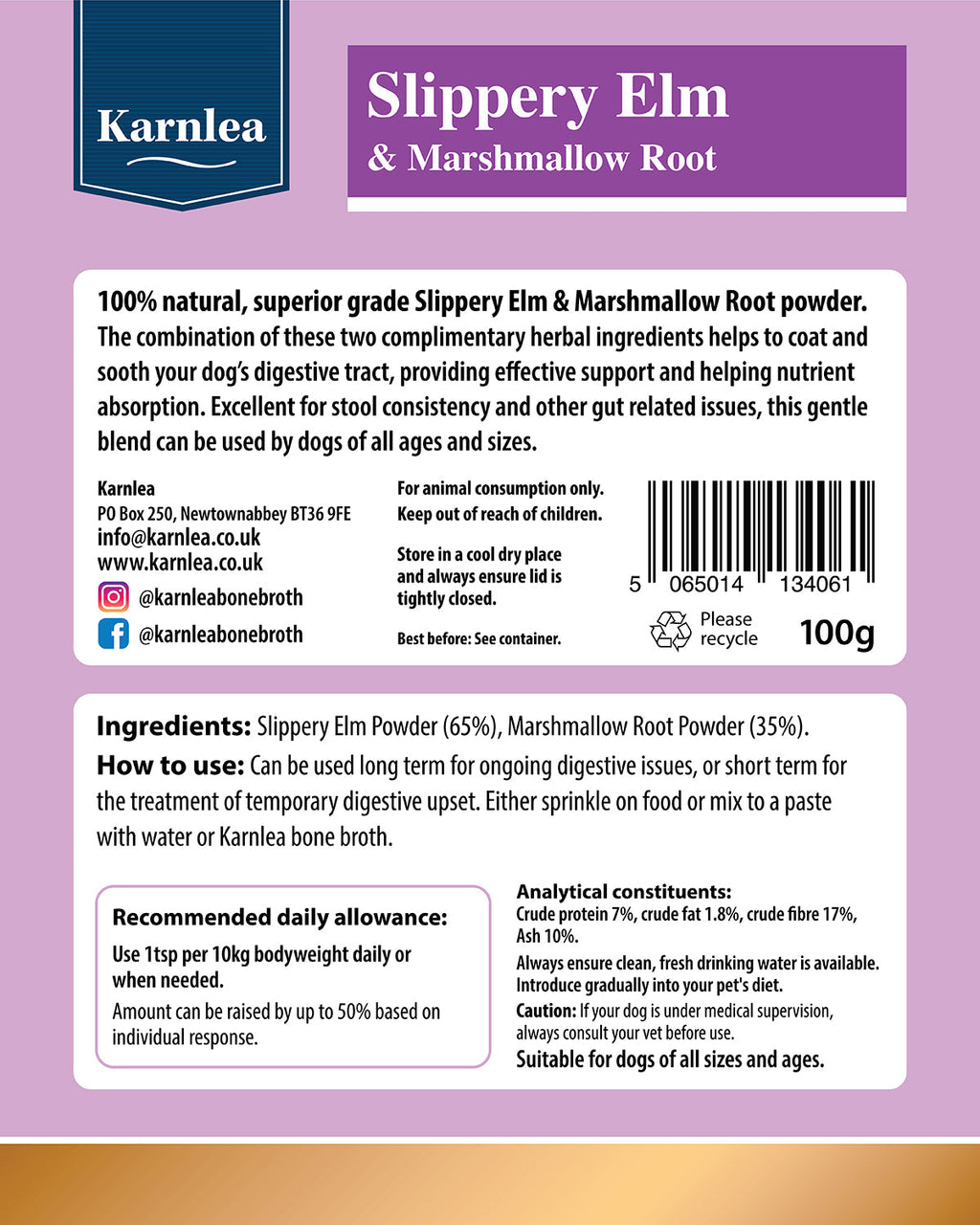 Karnlea Slippery Elm & Marshmallow Root powder packaging with text and ingredients listed.