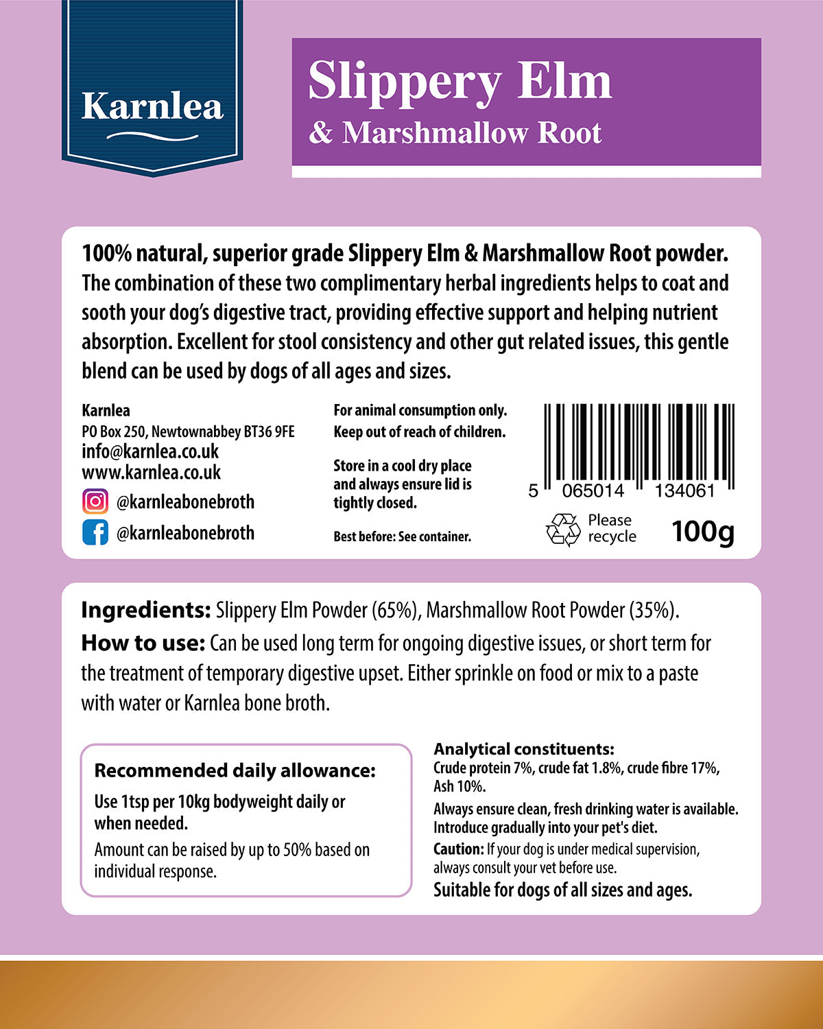 Karnlea Slippery Elm & Marshmallow Root powder packaging with text and ingredients listed.