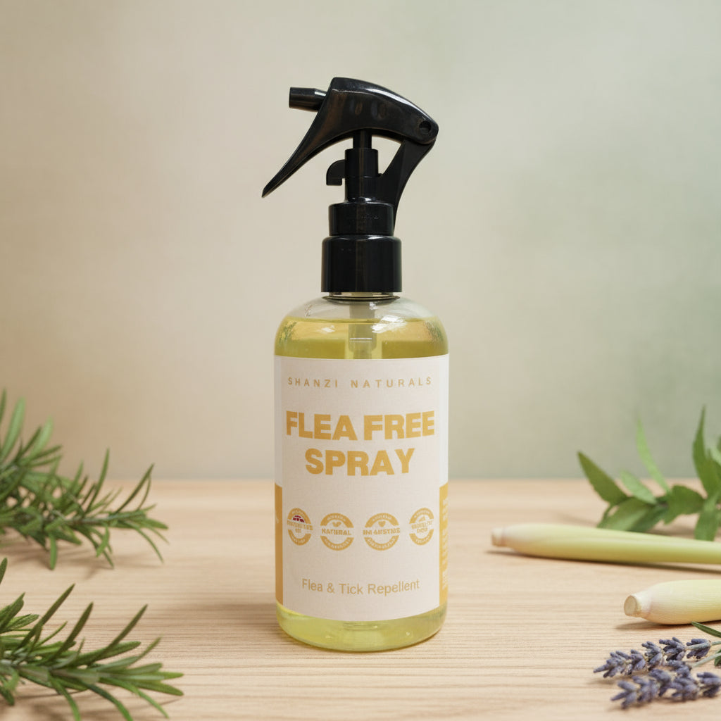 Flea free spray bottle with plants on a wooden surface