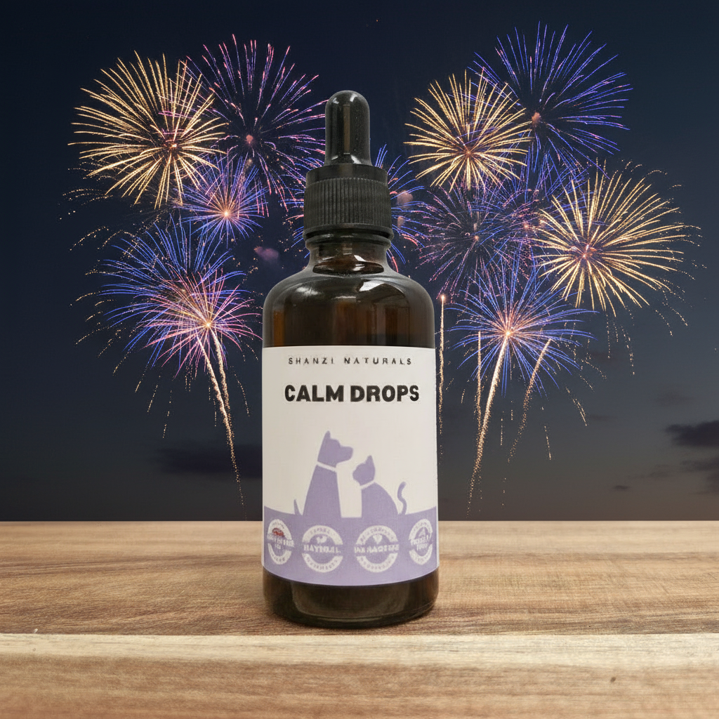 Bottle of 'Calm Drops' with fireworks in the background