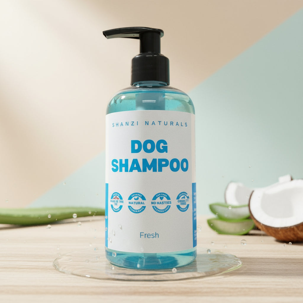 Bottle of Shanzi Naturals dog shampoo on a wooden surface with a light background