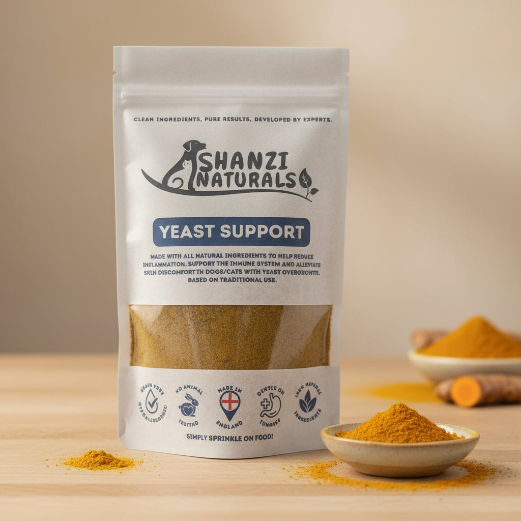 Shanzi Naturals Yeast Support package on a wooden surface with turmeric powder.