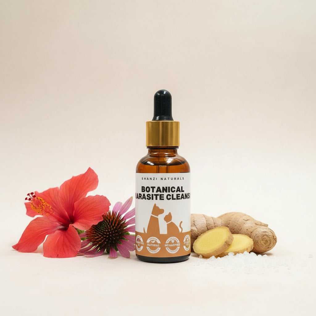 Bottle of 'Botanical Parasite Cleaner' with flowers and ginger on a beige background
