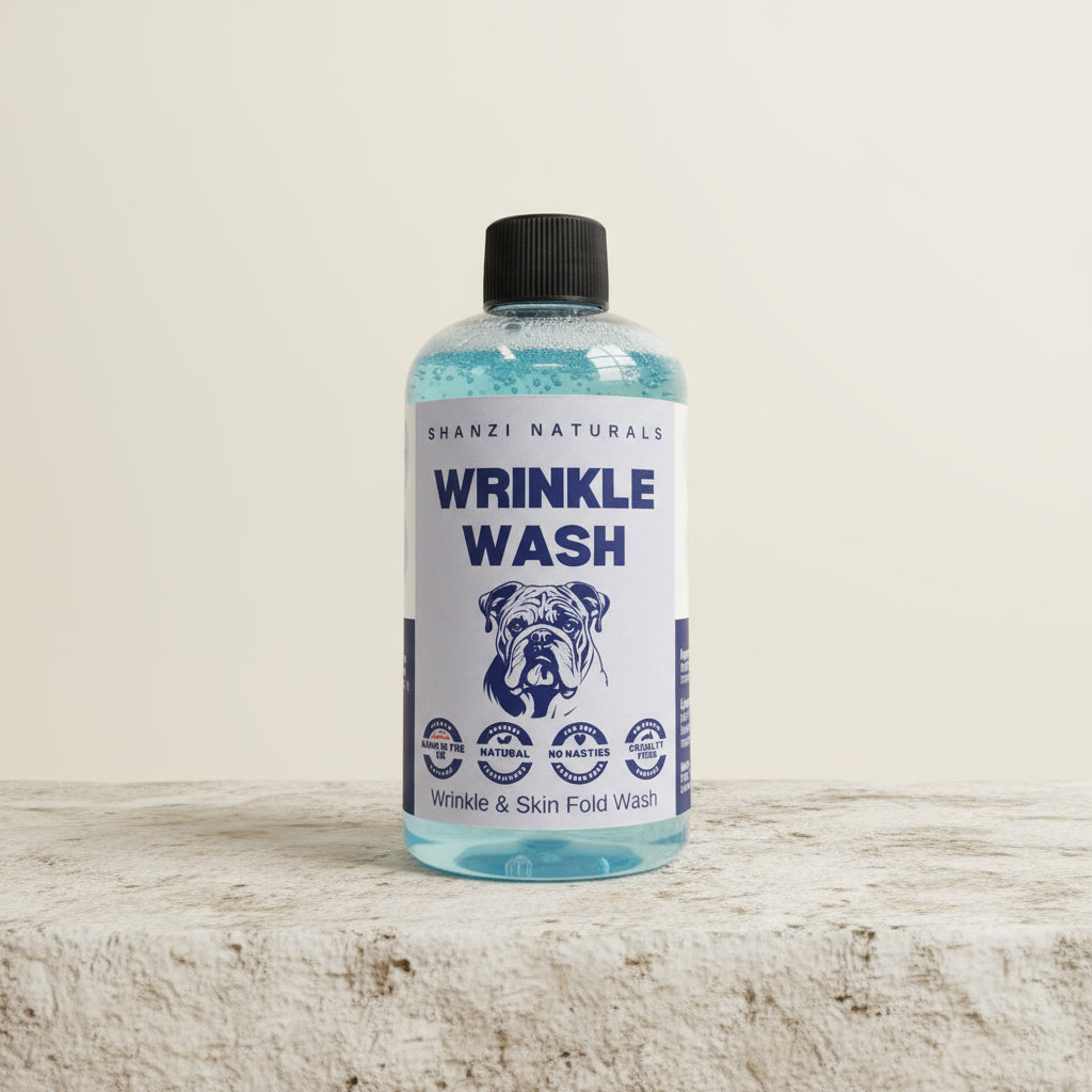 Bottle of Shanzi Naturals Wrinkle Wash on a wooden surface with a beige background