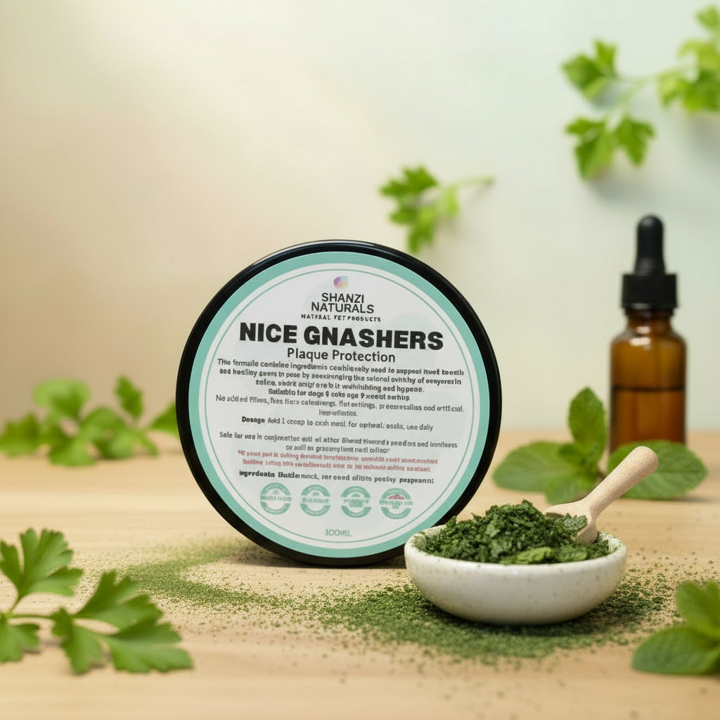Shanzi Naturals Nice Gnashers product with a bowl of green powder and dropper bottle on a wooden surface.