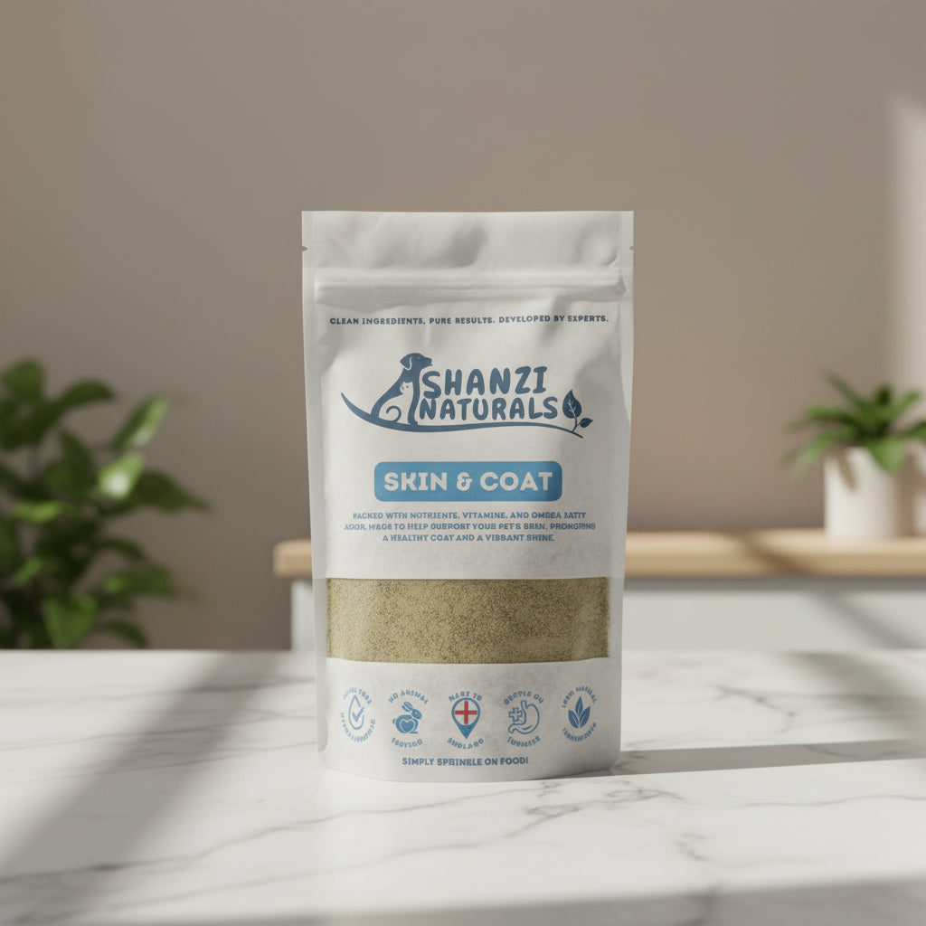 Shanzi Naturals Shin & Coat product packaging on a marble surface with plants in the background